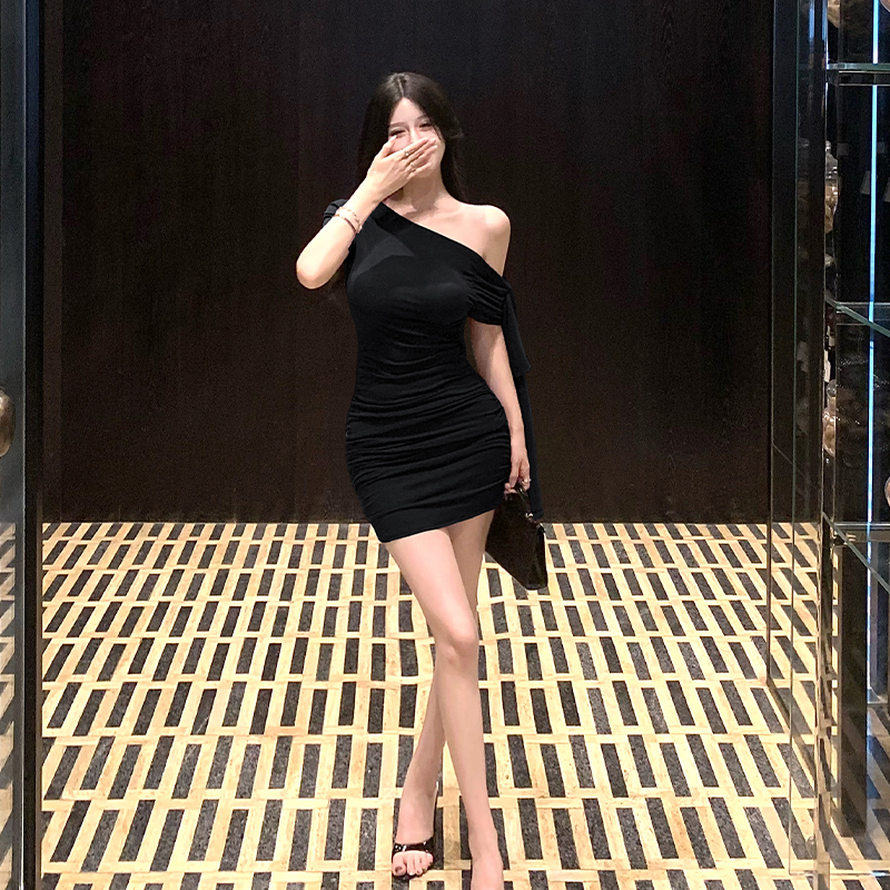 2026 Summer Korean Style Slanted Neck Ribbon Short Sleeve Bodycon Dress for Women - Image 2