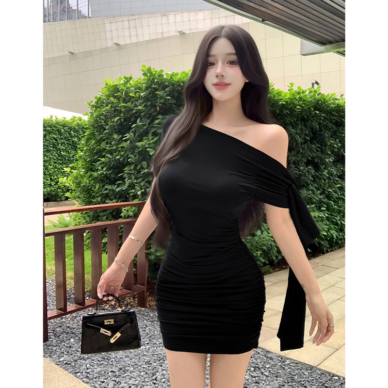 2026 Summer Korean Style Slanted Neck Ribbon Short Sleeve Bodycon Dress for Women - Image 5