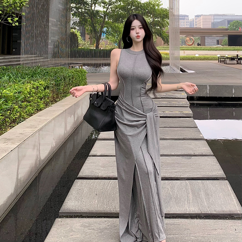 Women's Sleeveless Bodycon Long Dress Cotton Knit Two-Piece Look - Image 4