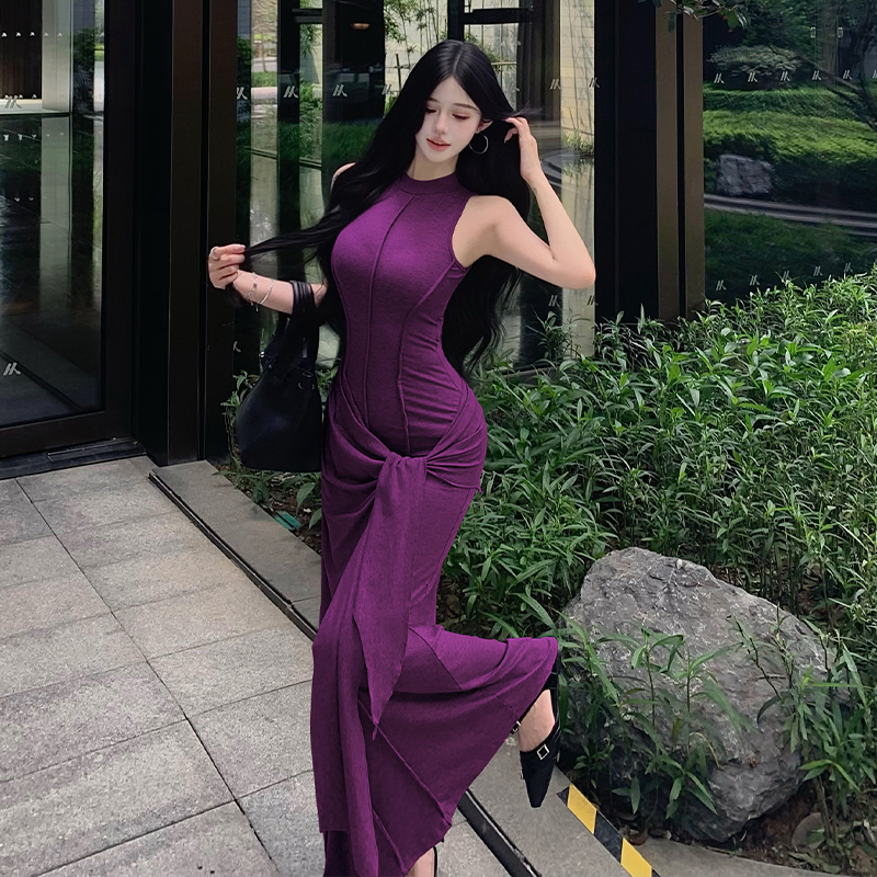 Women's Sleeveless Bodycon Long Dress Cotton Knit Two-Piece Look - Image 2