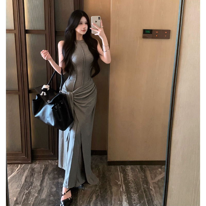 Women's Sleeveless Bodycon Long Dress Cotton Knit Two-Piece Look