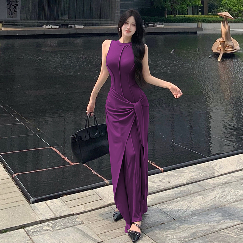 Women's Sleeveless Bodycon Long Dress Cotton Knit Two-Piece Look - Image 5