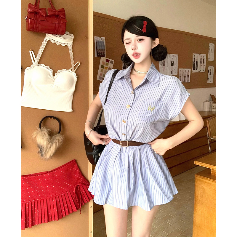 2026 Summer Striped Blue Shirt Dress with Belt