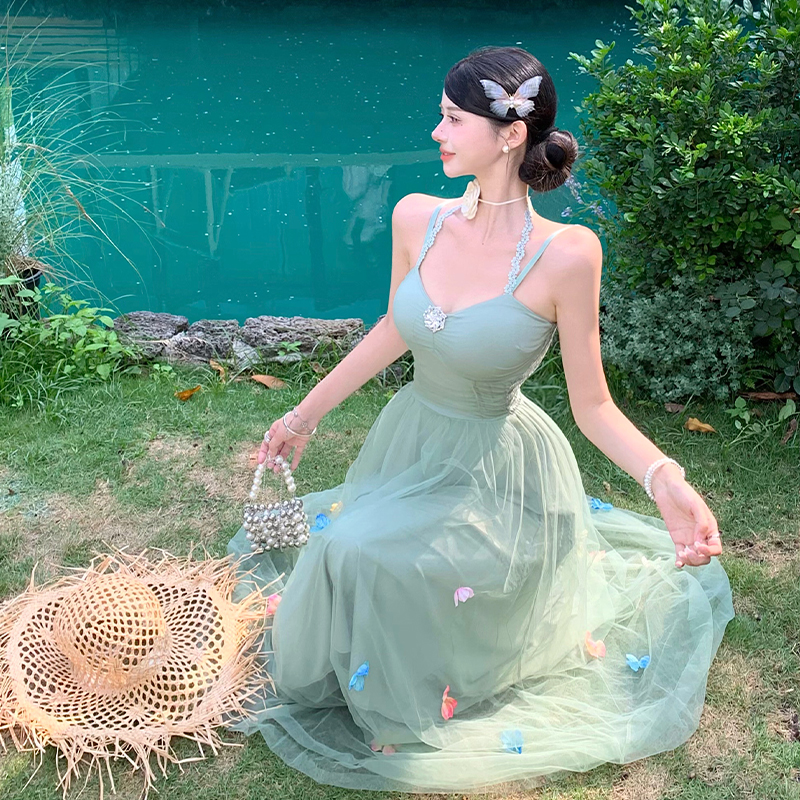 2026 Spring Summer New Seaside Vacation Style Green Mesh Halter Cami Dress Women Floral Fairy Long Dress High End
