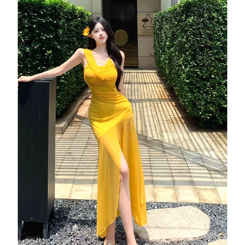 2026 Summer New Vacation Photo Beach Dress Sexy Mesh One-Shoulder Cami Bodycon Long Dress - Image 3
