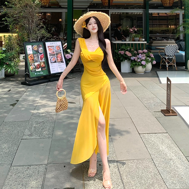 2026 Summer New Vacation Photo Beach Dress Sexy Mesh One-Shoulder Cami Bodycon Long Dress
