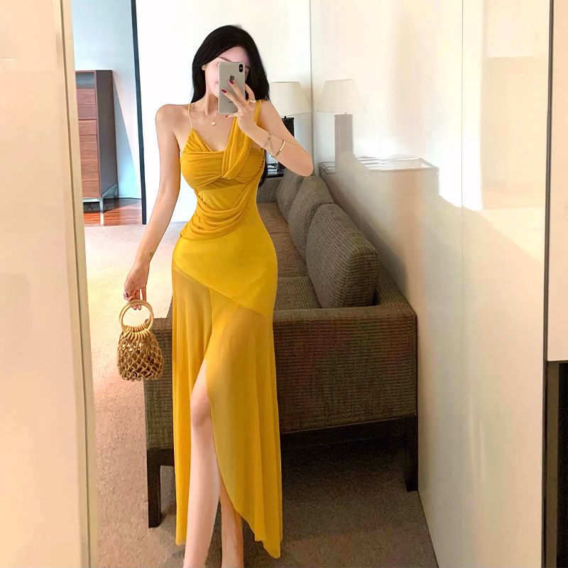 2026 Summer New Vacation Photo Beach Dress Sexy Mesh One-Shoulder Cami Bodycon Long Dress - Image 4