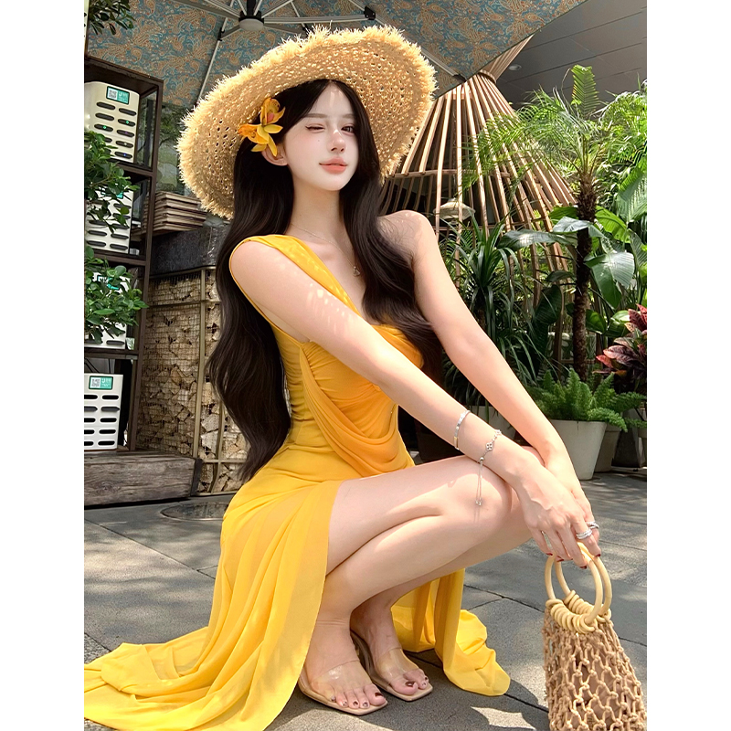 2026 Summer New Vacation Photo Beach Dress Sexy Mesh One-Shoulder Cami Bodycon Long Dress - Image 5