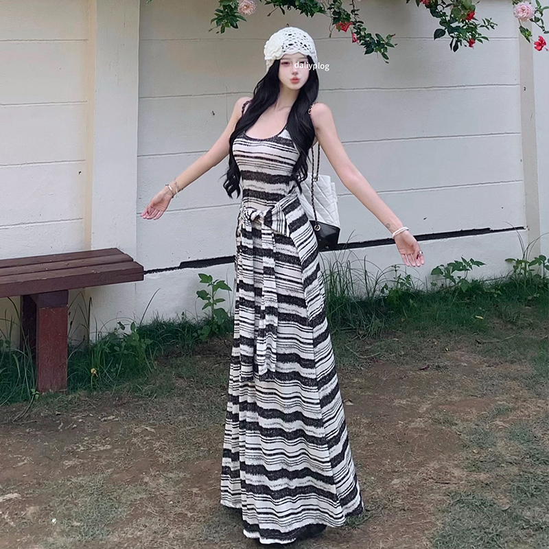 Striped Sleeveless Bodycon Long Dress with Tie Waist - Image 3