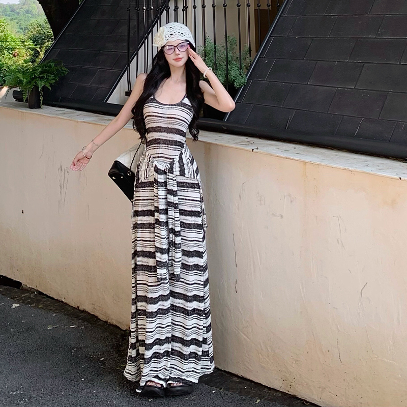 Striped Sleeveless Bodycon Long Dress with Tie Waist - Image 4