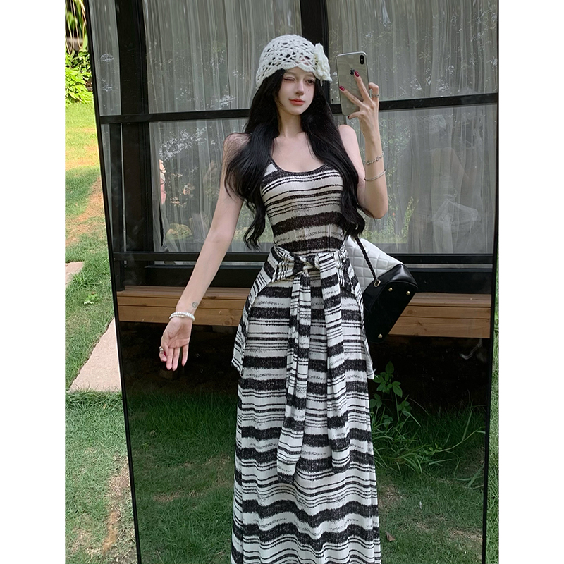 Striped Sleeveless Bodycon Long Dress with Tie Waist