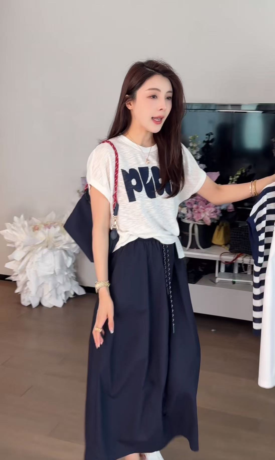 Women Letter Print Two-Piece Set with Side Tie Top and Skirt