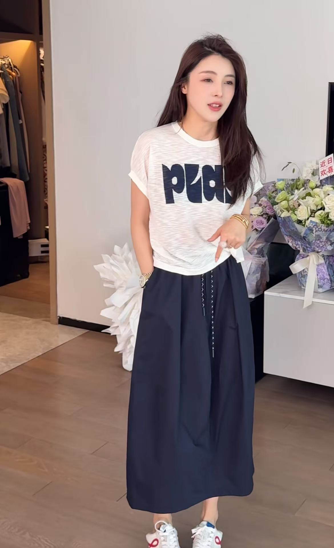 Women Letter Print Two-Piece Set with Side Tie Top and Skirt - Image 2