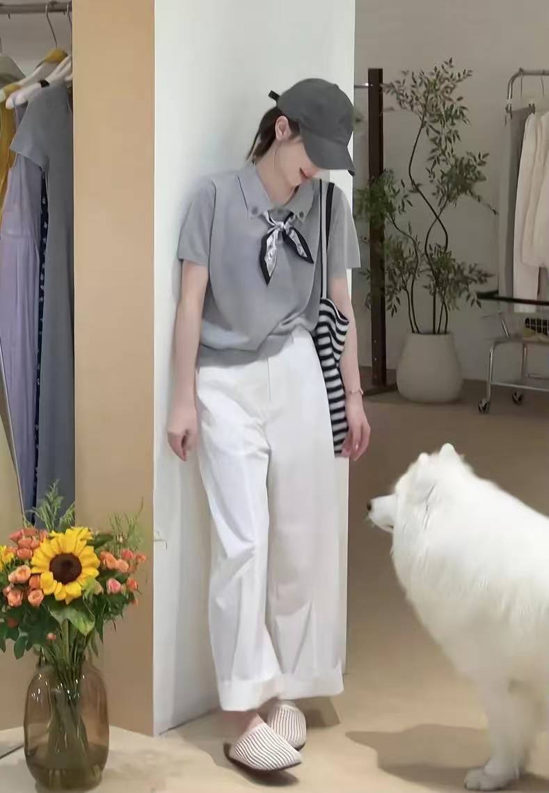 Korean Style Two-Piece Set with Collared Knit Short Sleeve Top and Wide-Leg Pants - Image 3