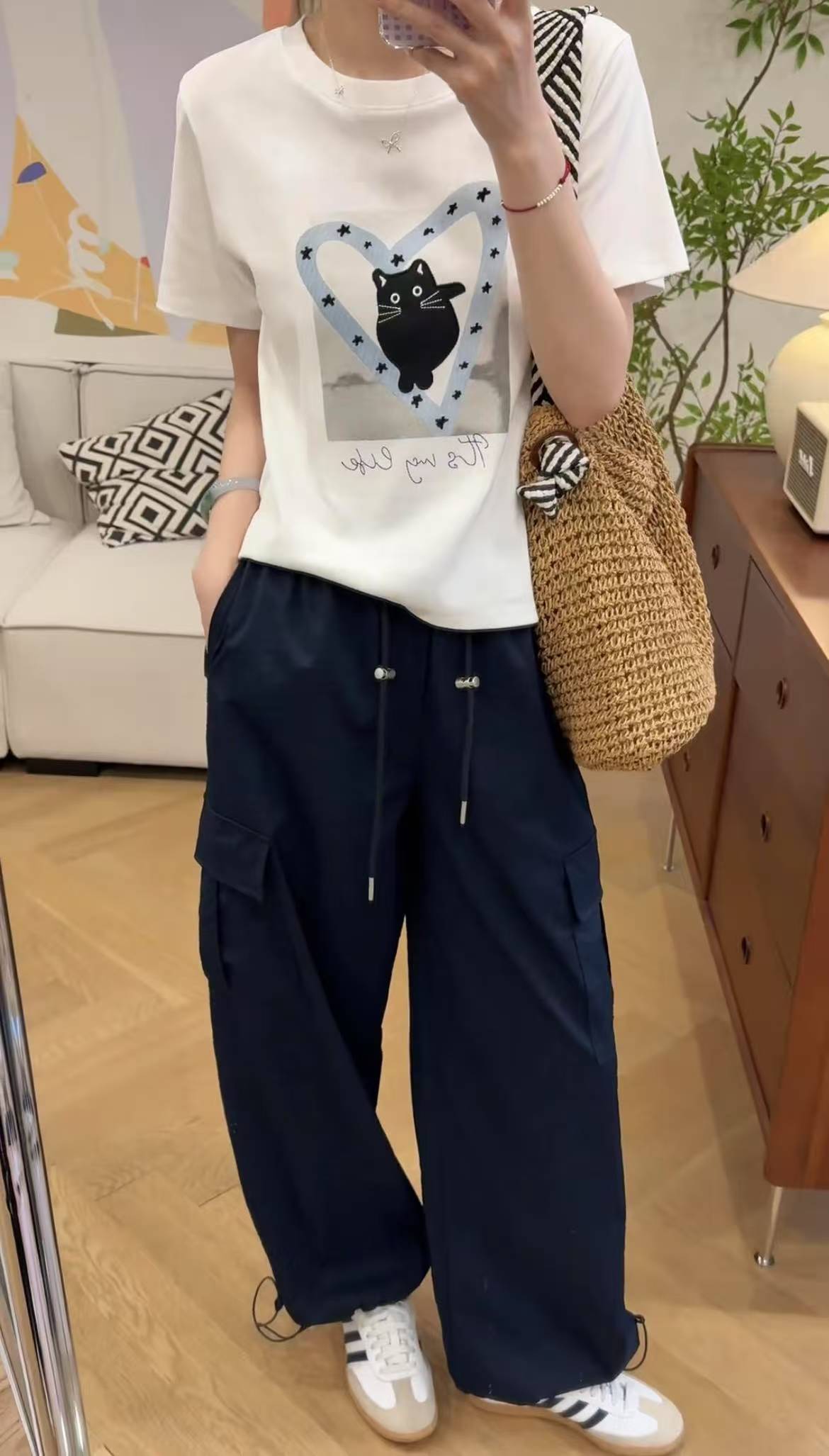 Summer Korean Style Casual Basic Loose Cat Print T-Shirt and Slimming Drawstring Cargo Pants Set