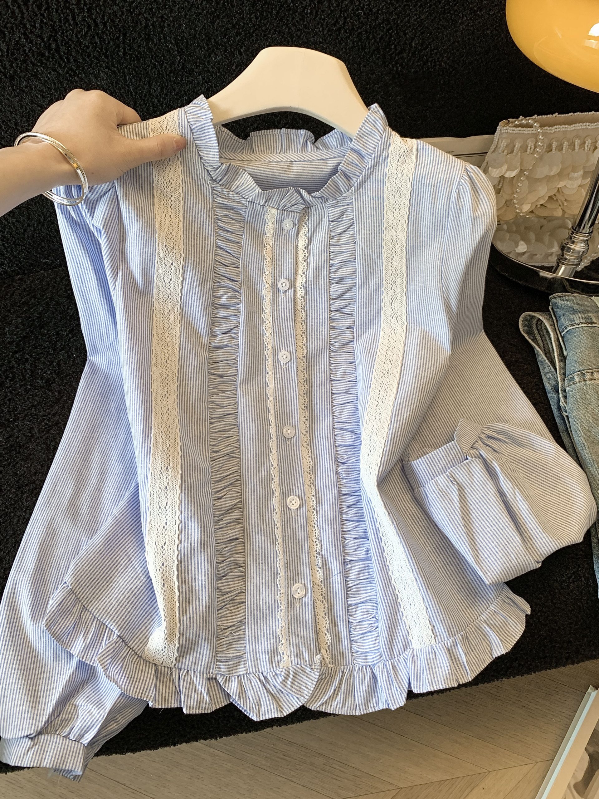 Korean Style Ruffle Trim Long Sleeve Shirt for Women 2026 Early Autumn New Petite Doll Top
