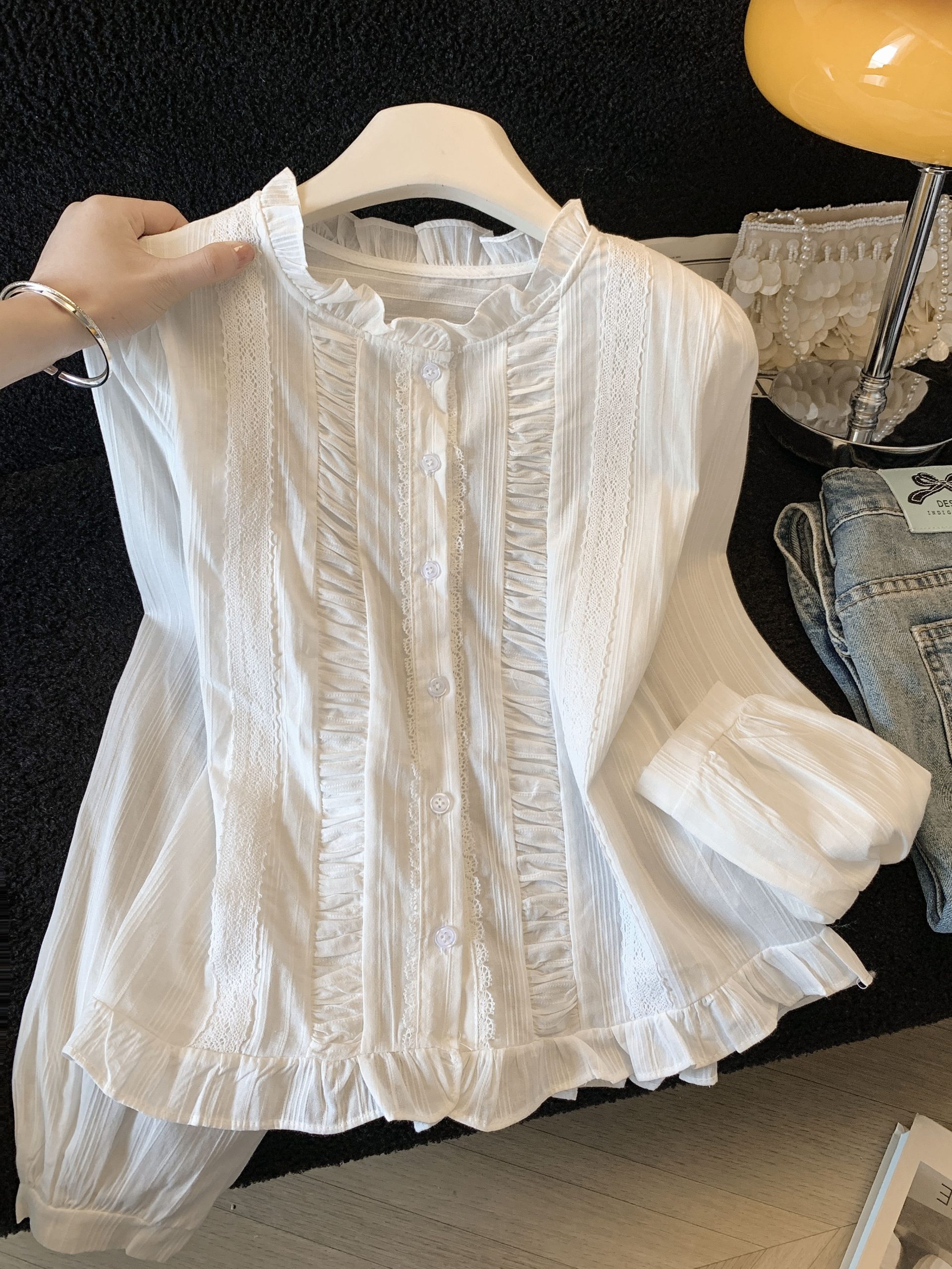 Korean Style Ruffle Trim Long Sleeve Shirt for Women 2026 Early Autumn New Petite Doll Top - Image 3