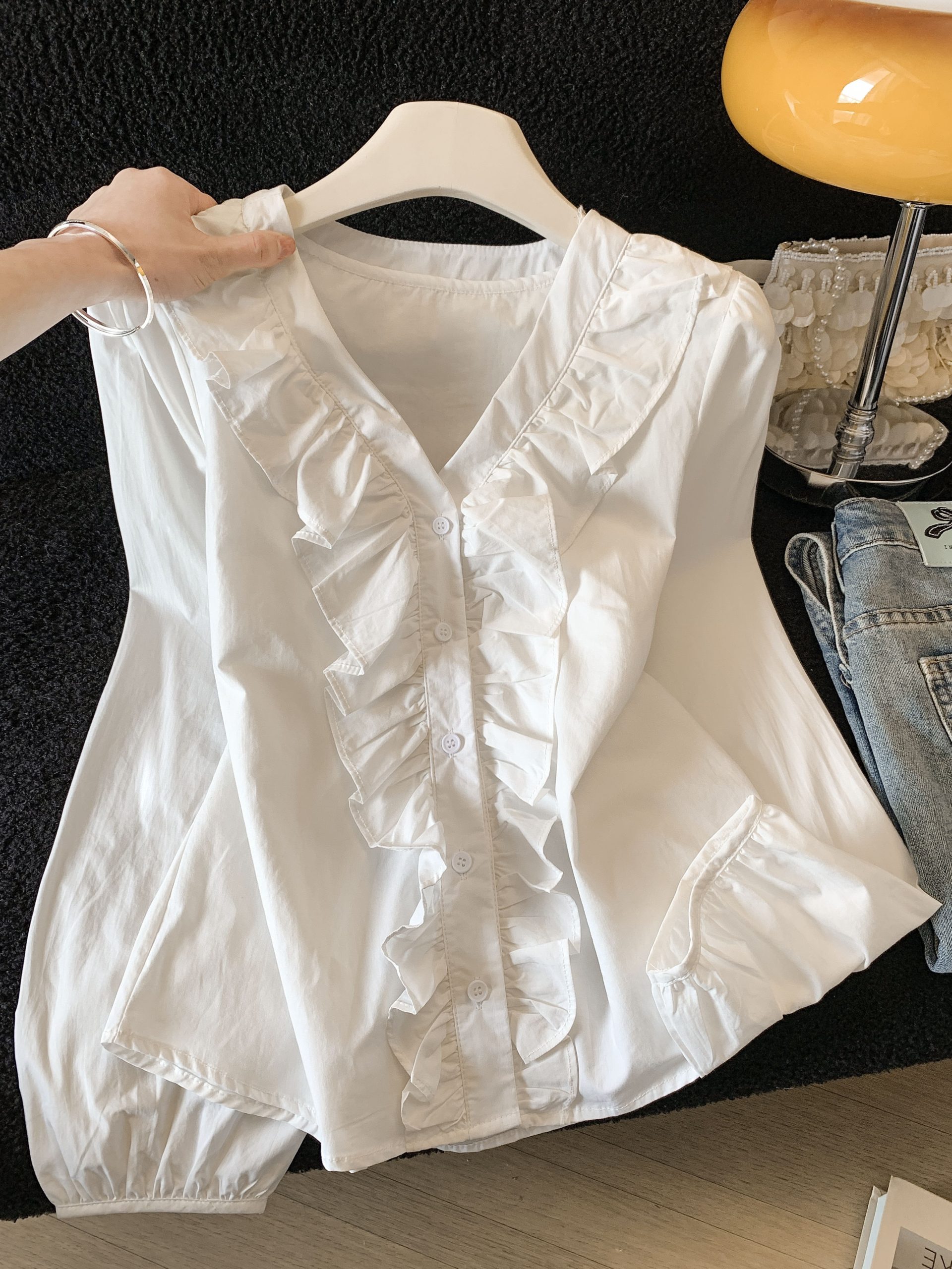 Women's Ruffled V-Neck Shirt 2026 Spring Loose Slimming Long Sleeve Blouse