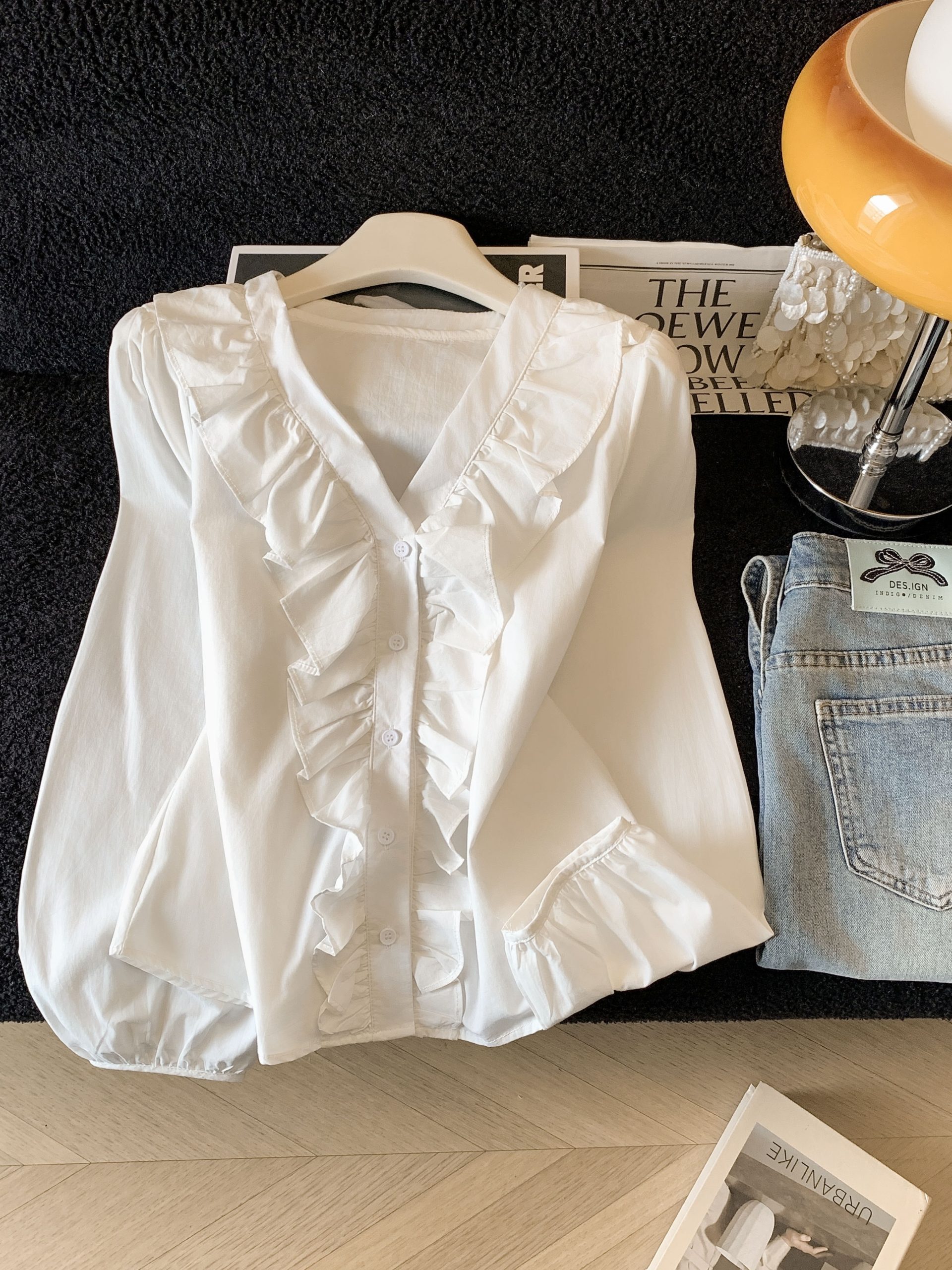 Women's Ruffled V-Neck Shirt 2026 Spring Loose Slimming Long Sleeve Blouse - Image 2