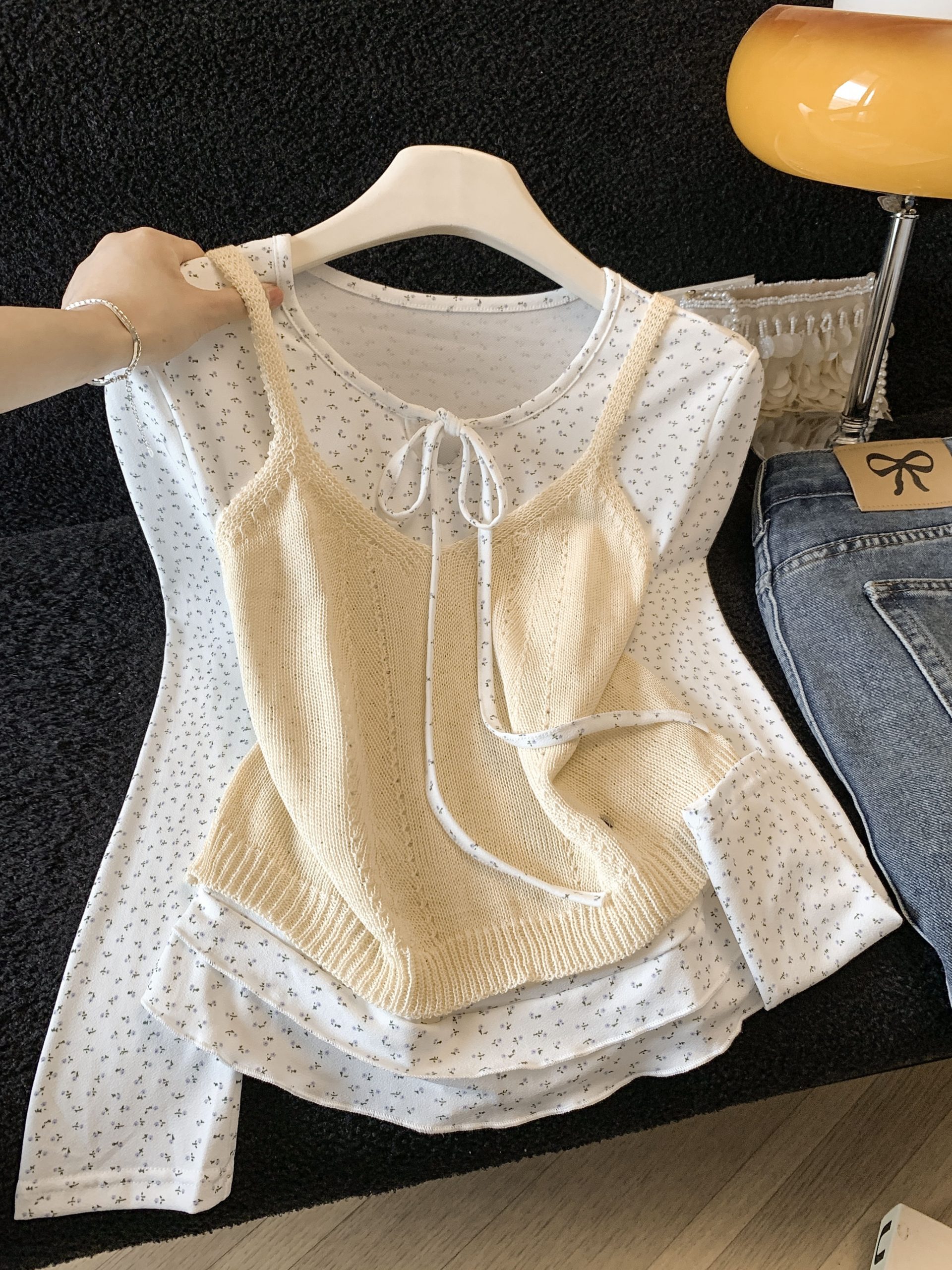 Korean Style Floral Print Long Sleeve T-Shirt and Cami Two-Piece Set 2026 Fall - Image 3