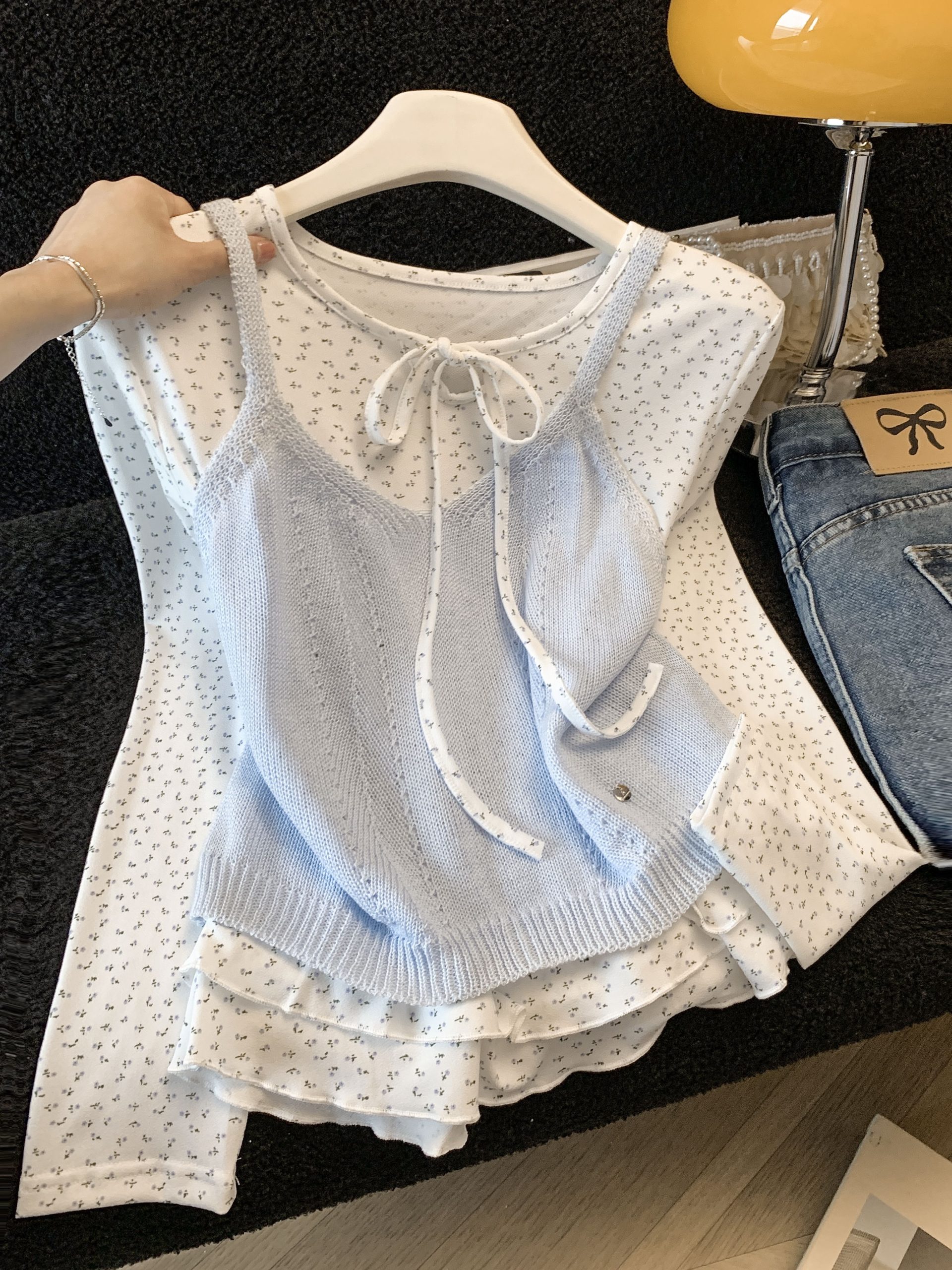 Korean Style Floral Print Long Sleeve T-Shirt and Cami Two-Piece Set 2026 Fall