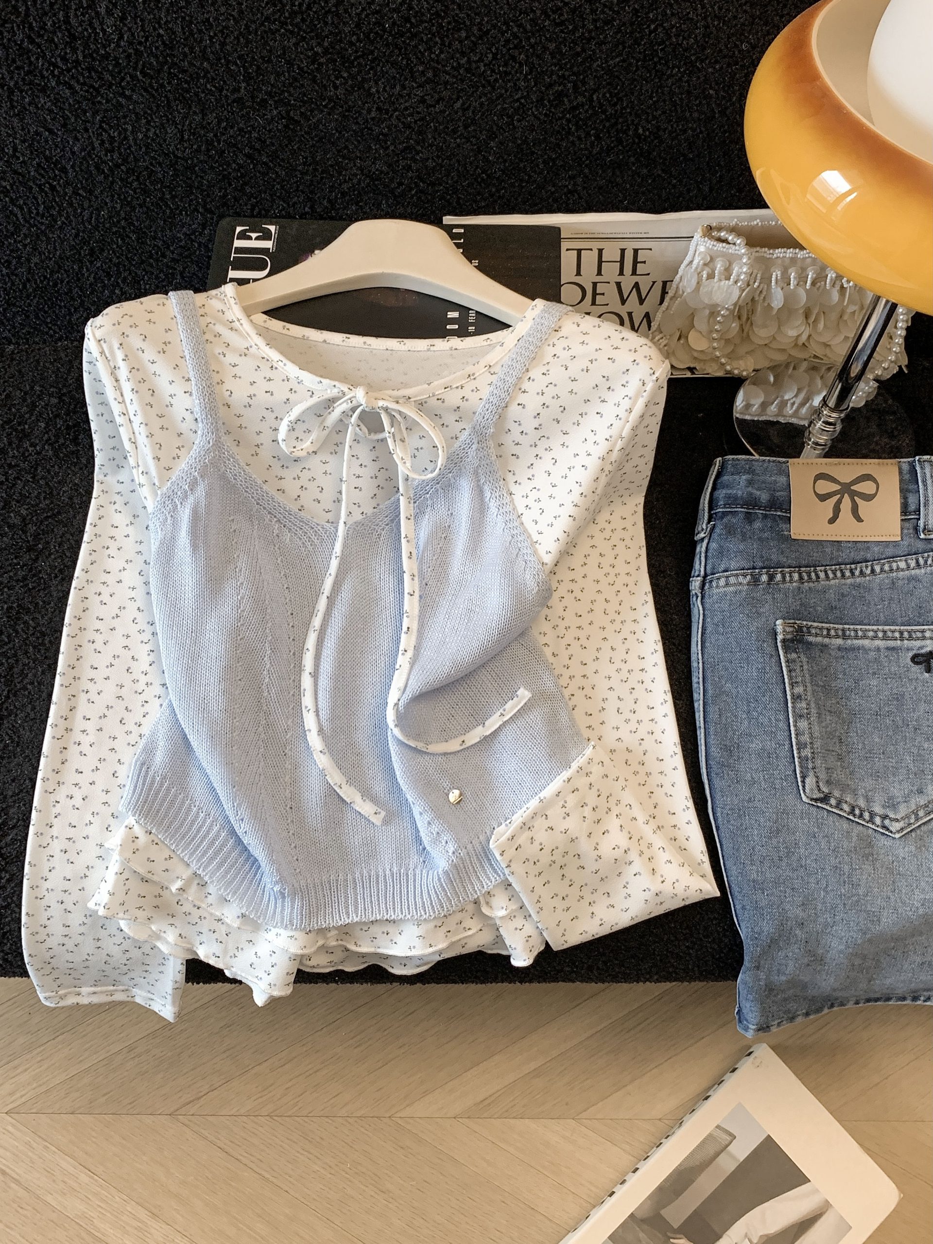 Korean Style Floral Print Long Sleeve T-Shirt and Cami Two-Piece Set 2026 Fall - Image 2