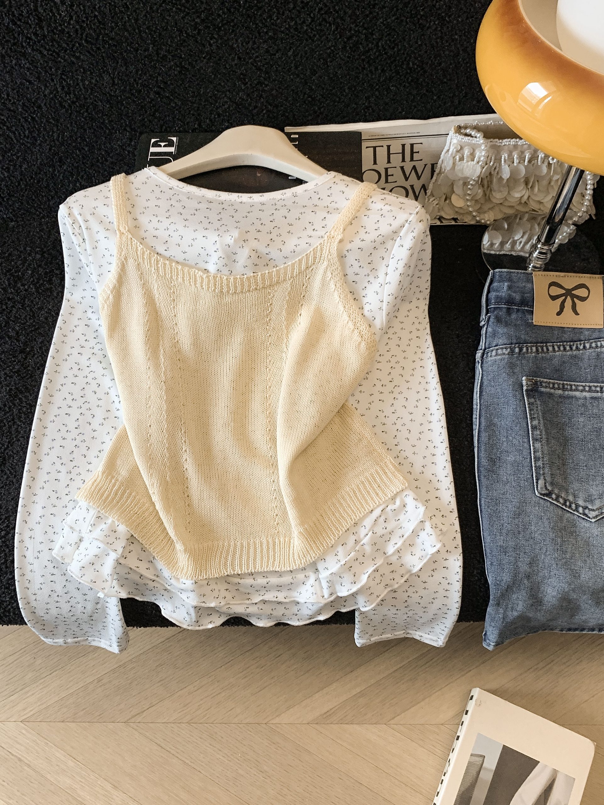 Korean Style Floral Print Long Sleeve T-Shirt and Cami Two-Piece Set 2026 Fall - Image 4