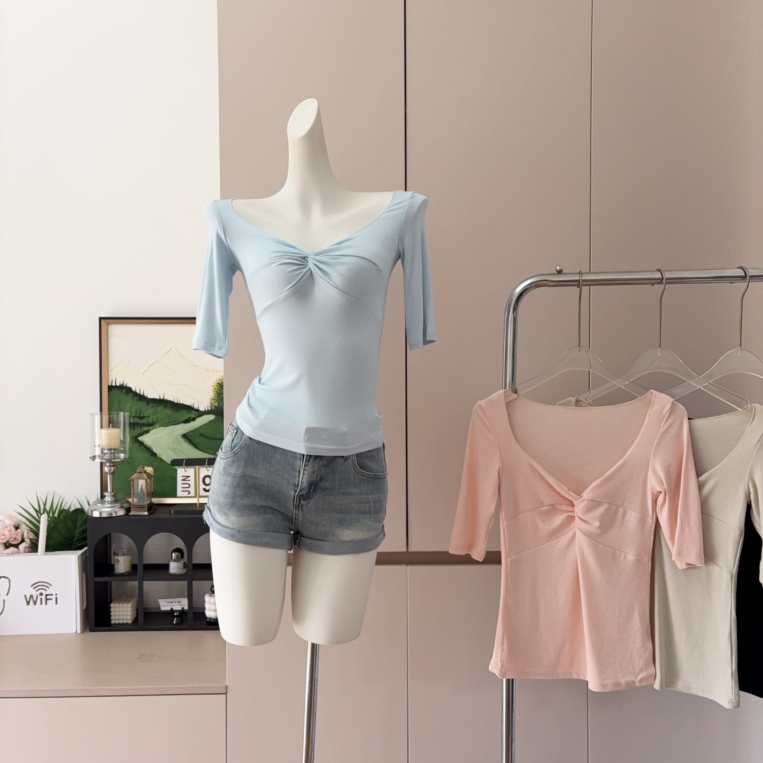 Women's V-Neck Twist Knot Mid-Sleeve Slim Top Lyocell Tencel T-Shirt Early Spring Design Inner Wear