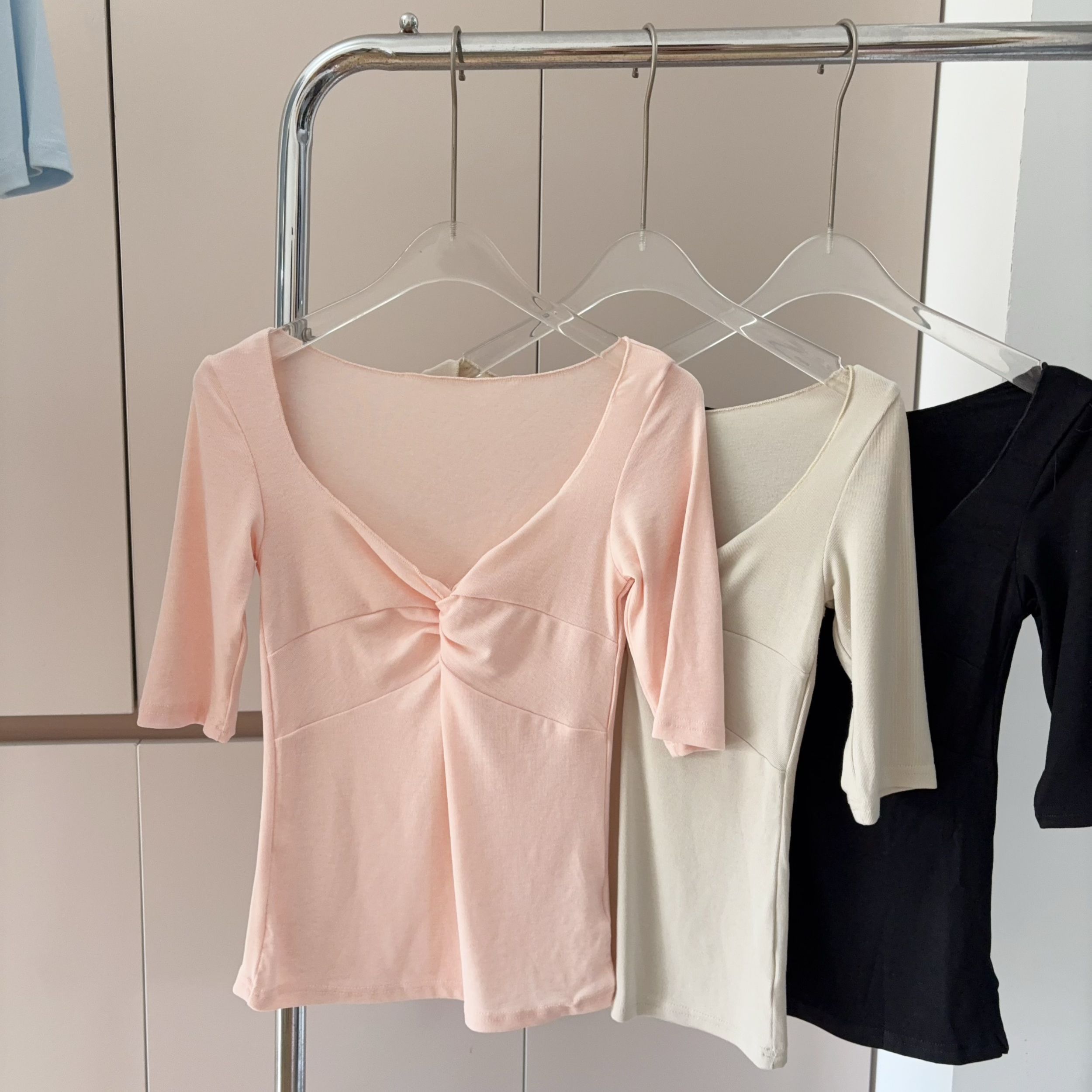 Women's V-Neck Twist Knot Mid-Sleeve Slim Top Lyocell Tencel T-Shirt Early Spring Design Inner Wear - Image 2
