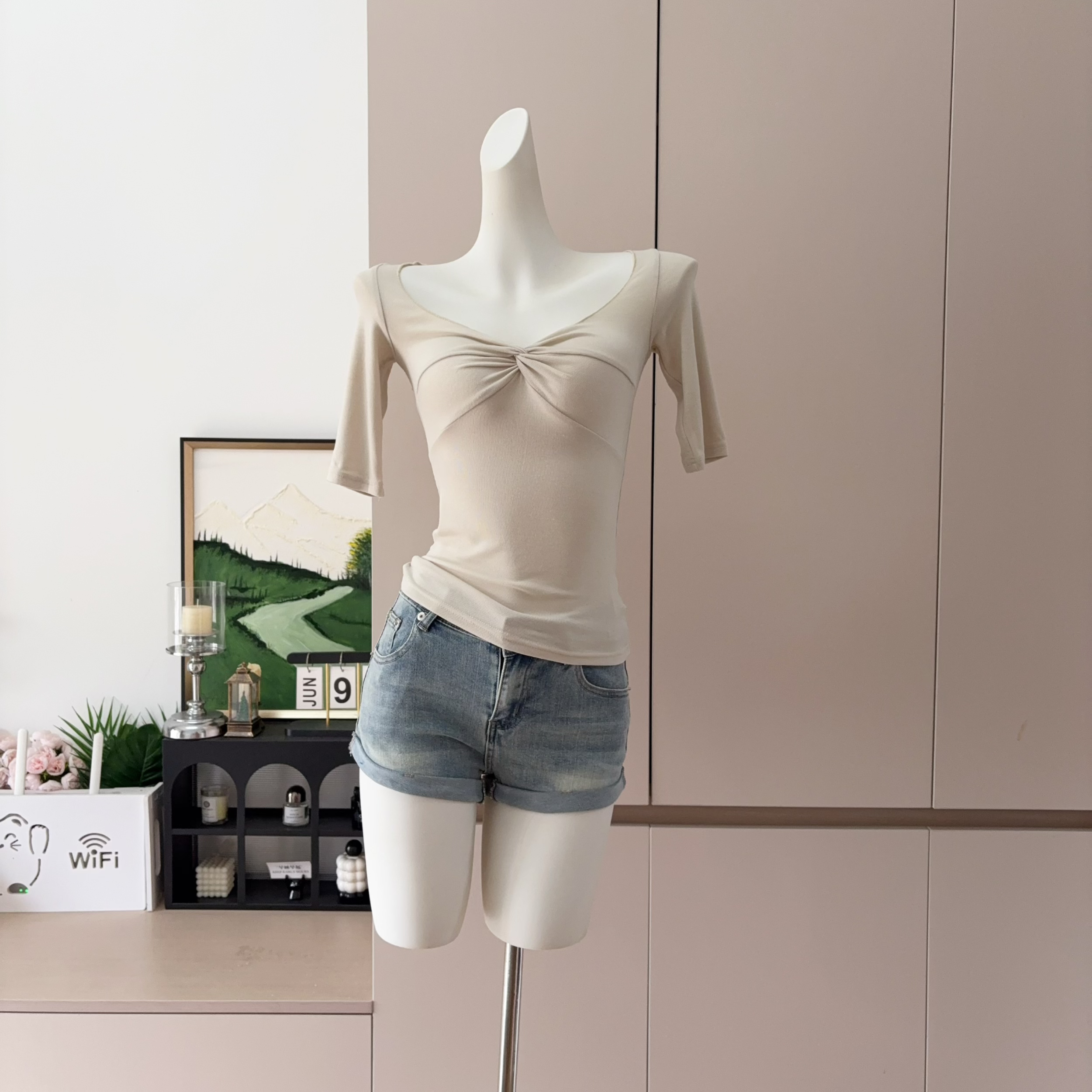 Women's V-Neck Twist Knot Mid-Sleeve Slim Top Lyocell Tencel T-Shirt Early Spring Design Inner Wear - Image 3