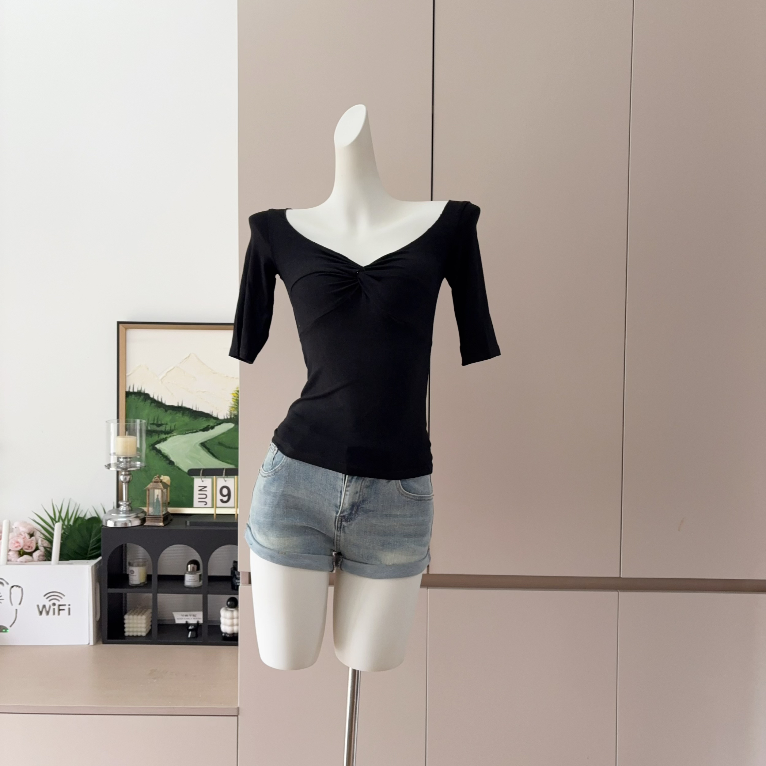 Women's V-Neck Twist Knot Mid-Sleeve Slim Top Lyocell Tencel T-Shirt Early Spring Design Inner Wear - Image 4