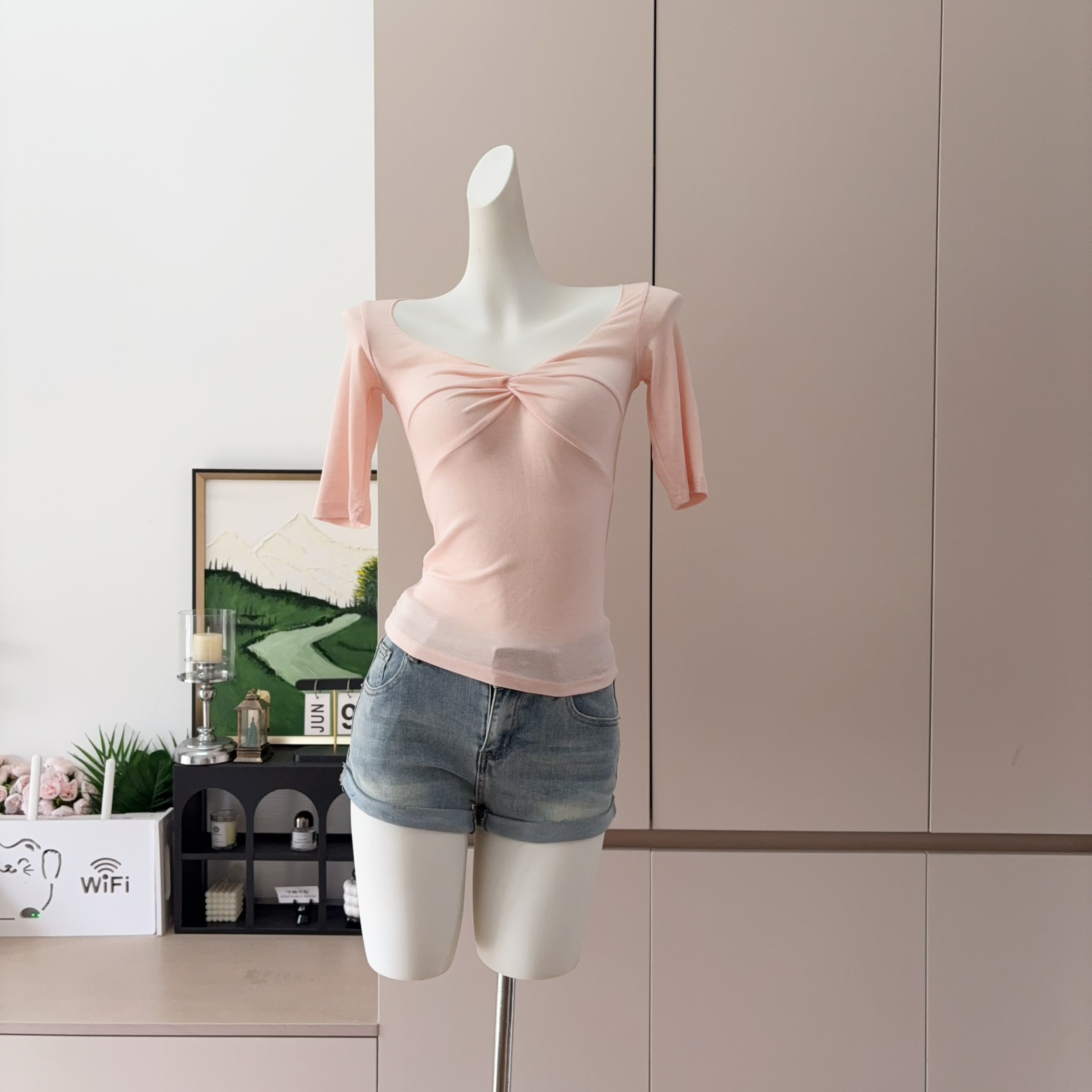 Women's V-Neck Twist Knot Mid-Sleeve Slim Top Lyocell Tencel T-Shirt Early Spring Design Inner Wear - Image 5