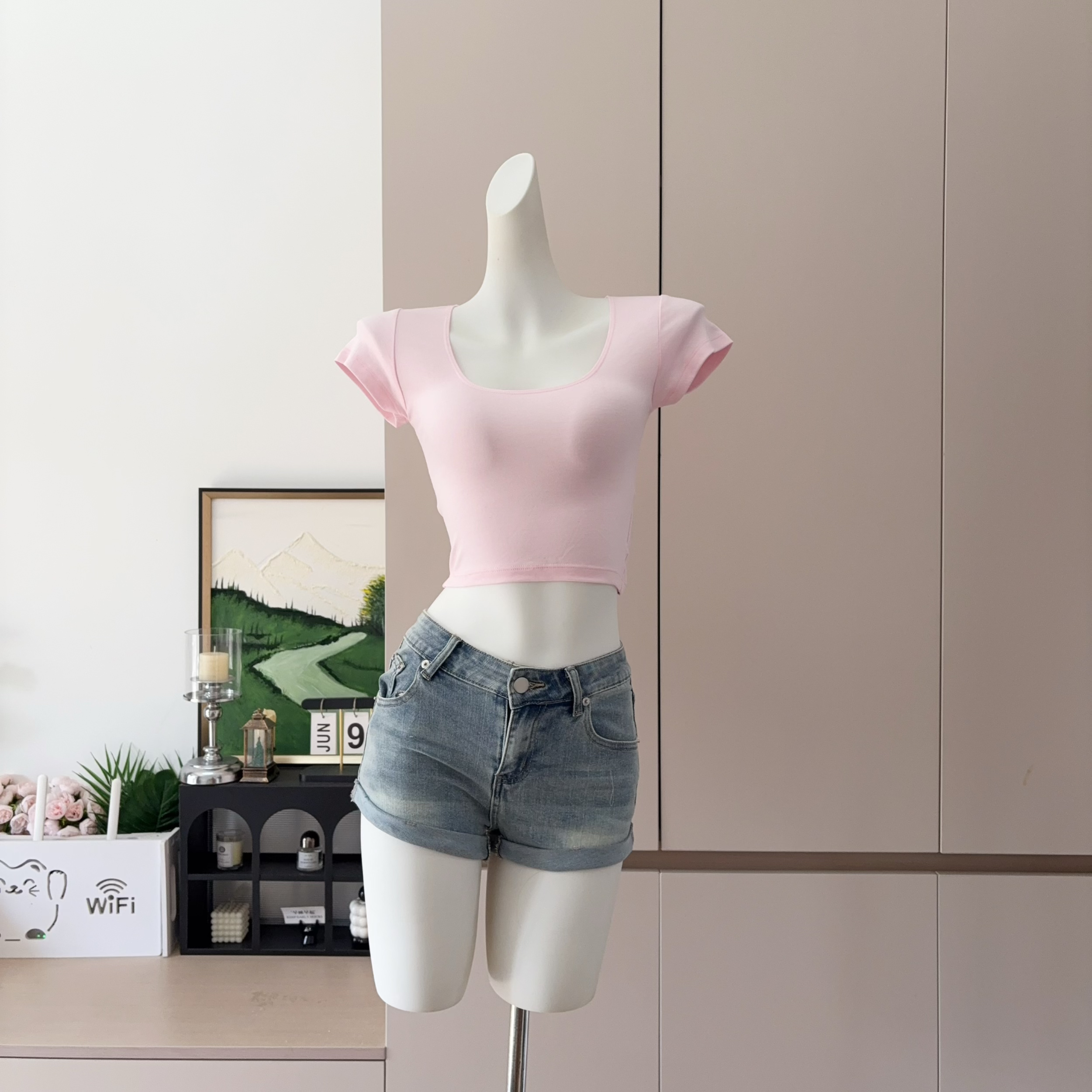 Hua Sansan Style Pure Desire U-Neck Cropped Fitted T-Shirt Slimming Tight Crop Top Sexy Hot Girl Short Sleeve
