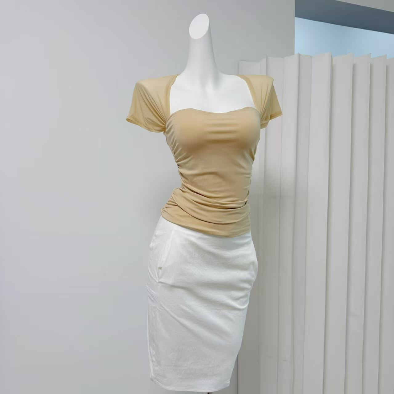 Square Neck Short Sleeve Mesh Top Women 2026 Summer Slim Fit T-Shirt - Image 2