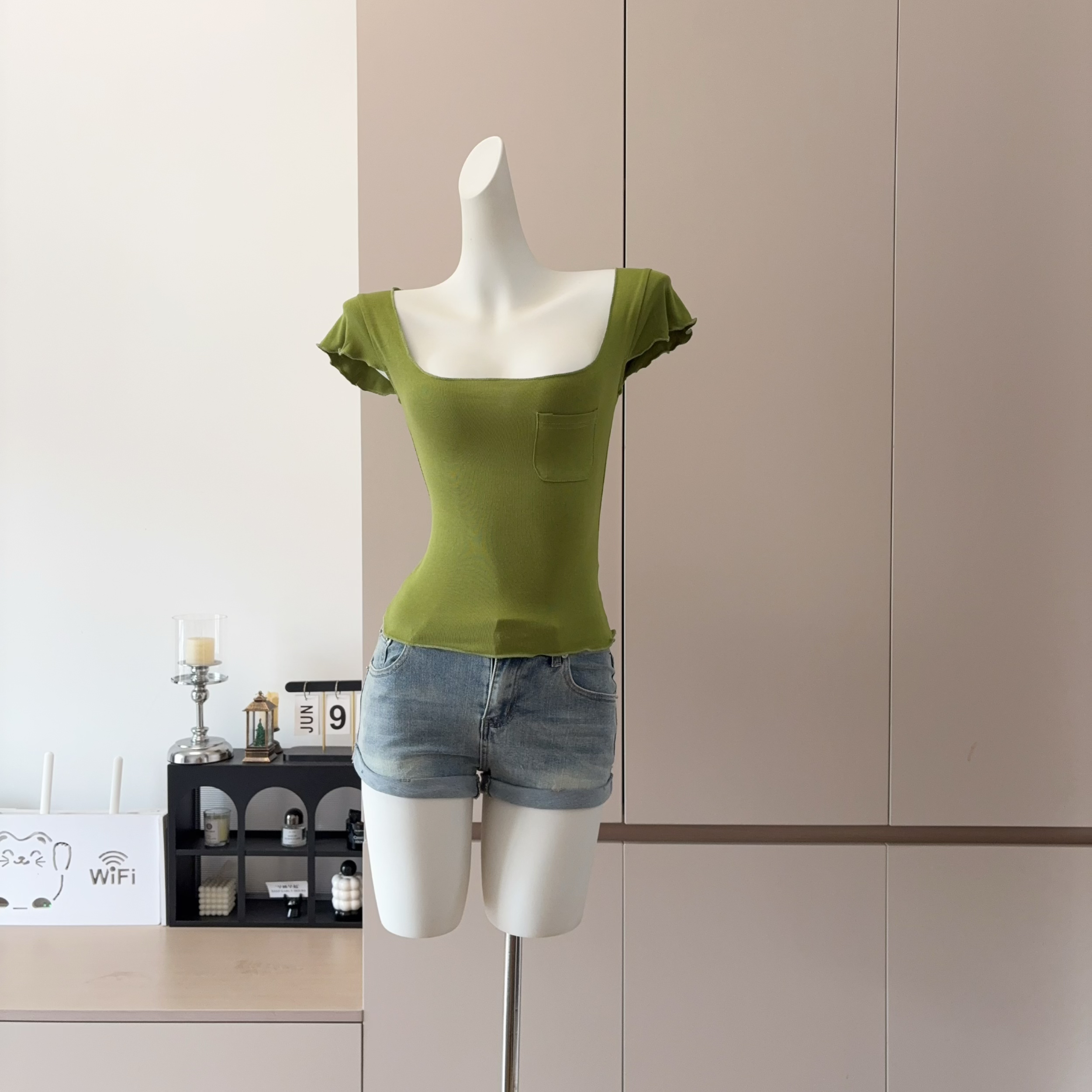 Women's Square Neck Ruffle Sleeve Pocket T-Shirt Slim Fit Breathable Skin-Friendly Top - Image 2