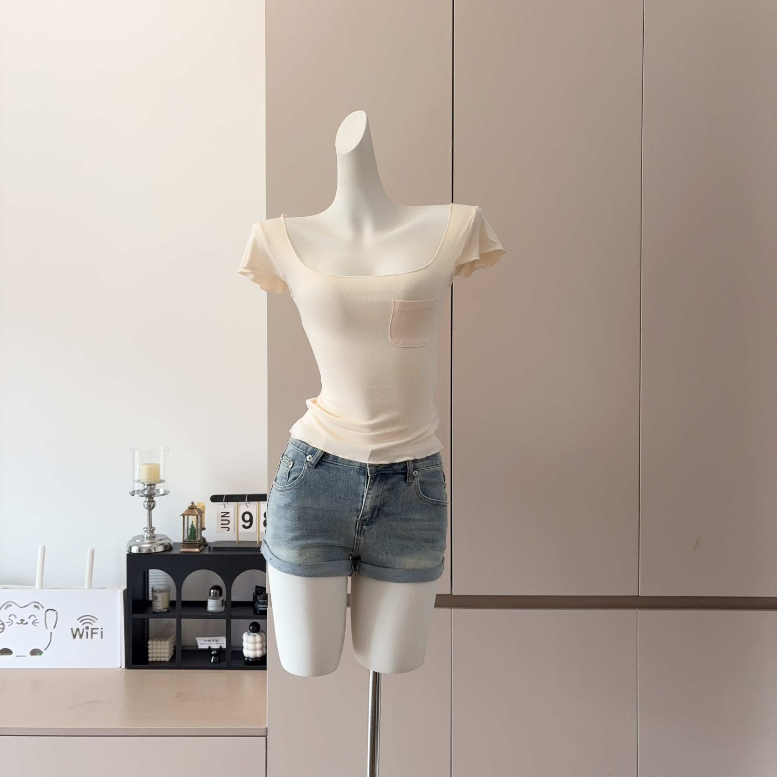 Women's Square Neck Ruffle Sleeve Pocket T-Shirt Slim Fit Breathable Skin-Friendly Top - Image 3