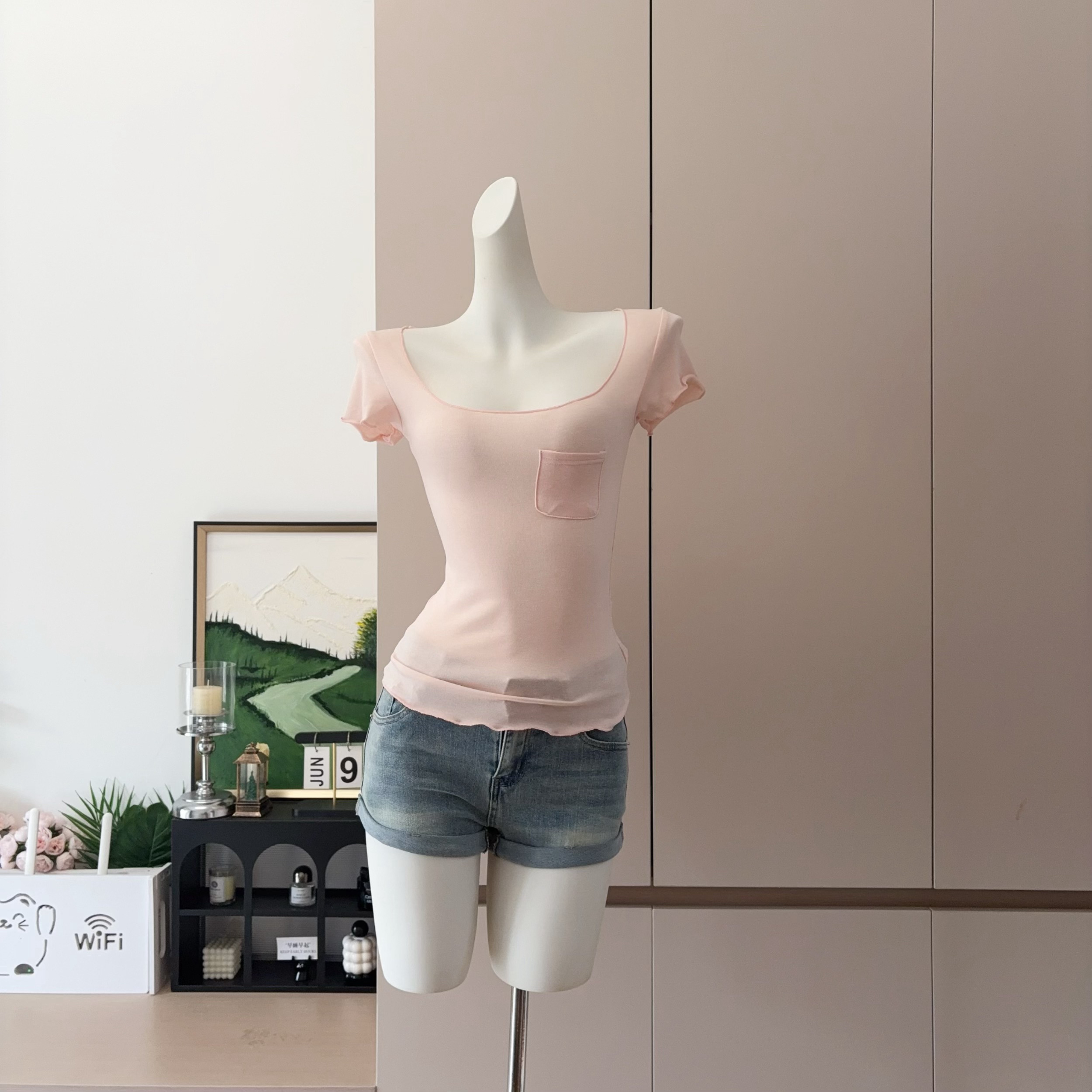 Women's Square Neck Ruffle Sleeve Pocket T-Shirt Slim Fit Breathable Skin-Friendly Top - Image 4