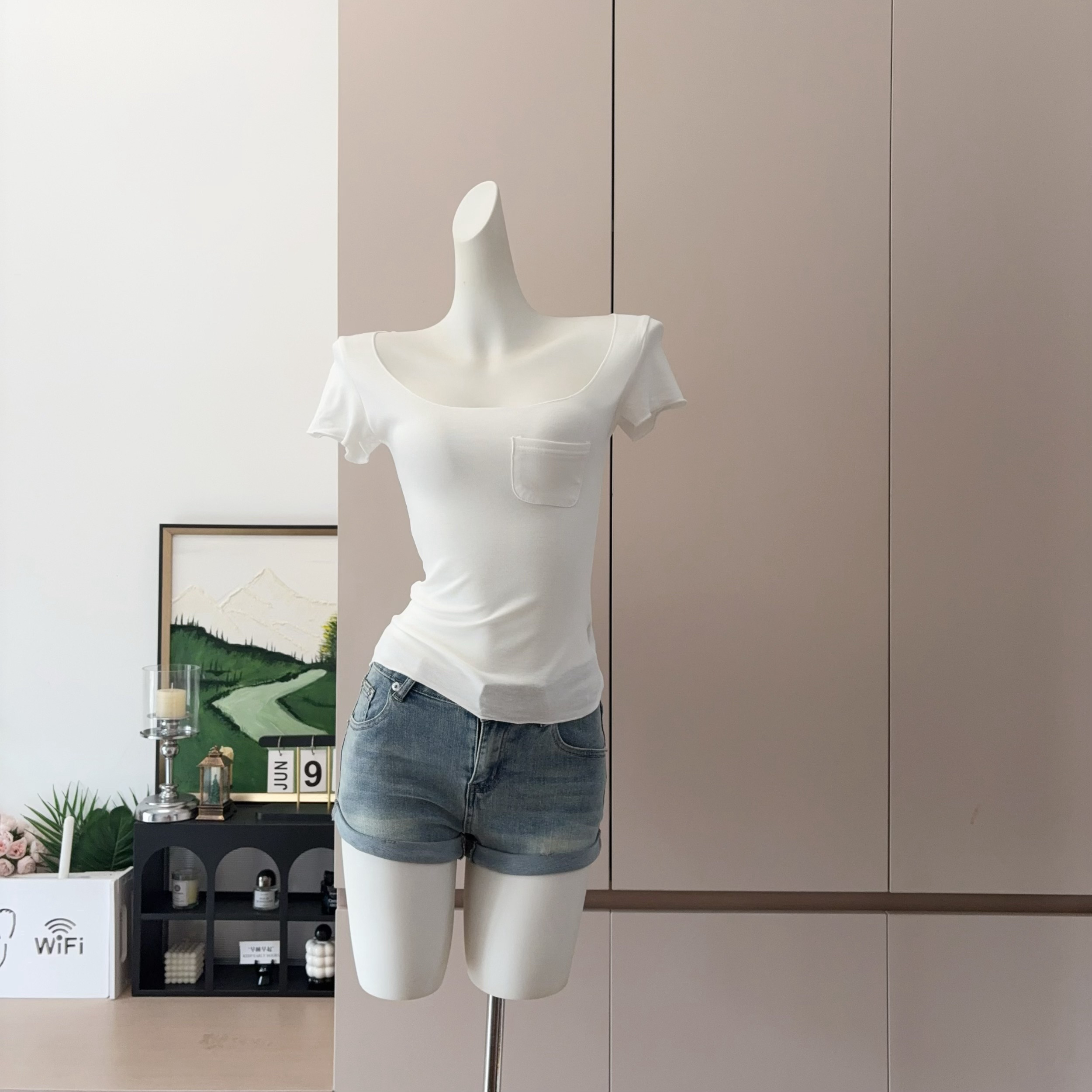 Women's Square Neck Ruffle Sleeve Pocket T-Shirt Slim Fit Breathable Skin-Friendly Top - Image 5