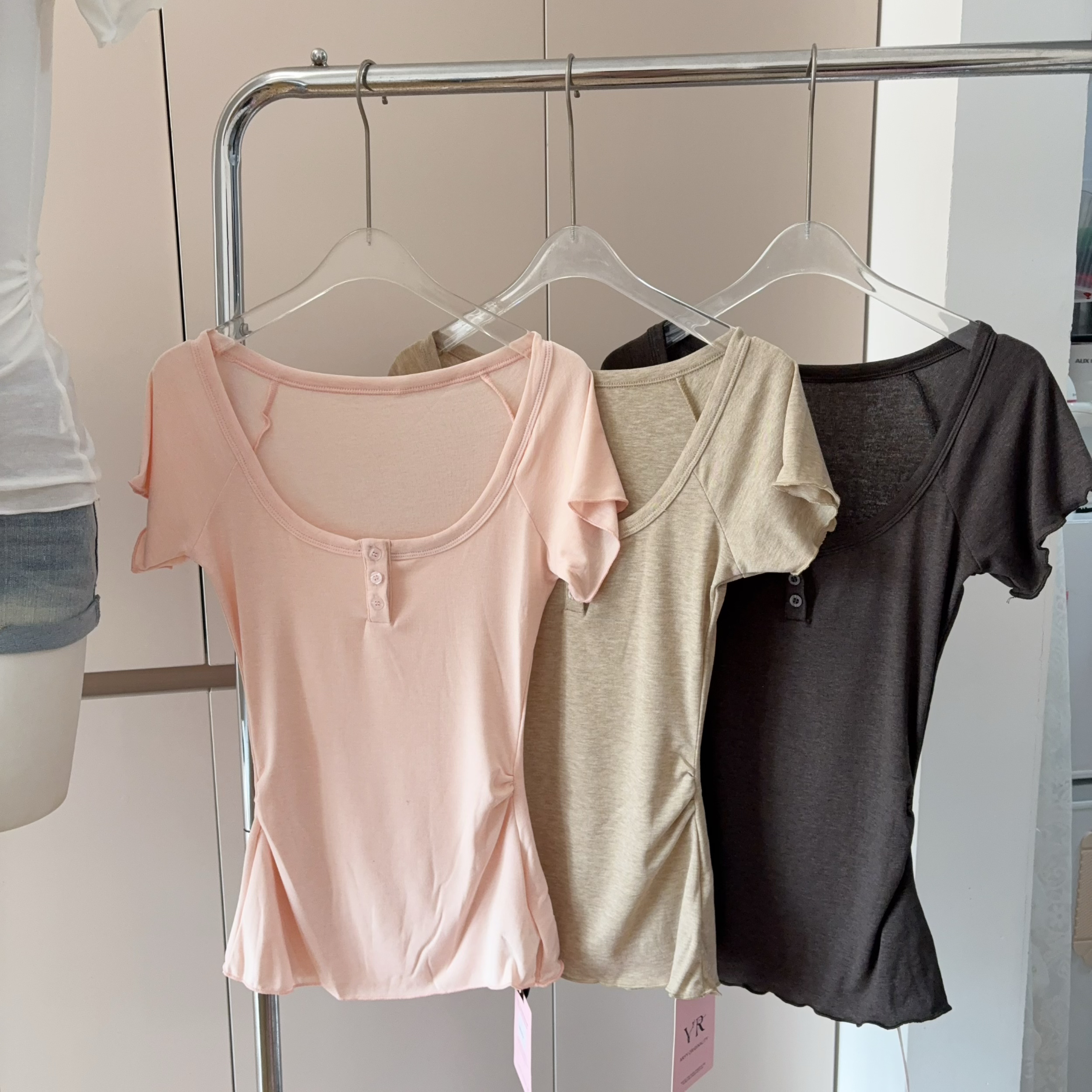 Women's Wool Blend Henley Neck Short Sleeve T-Shirt with Ruffle Trim - Image 2