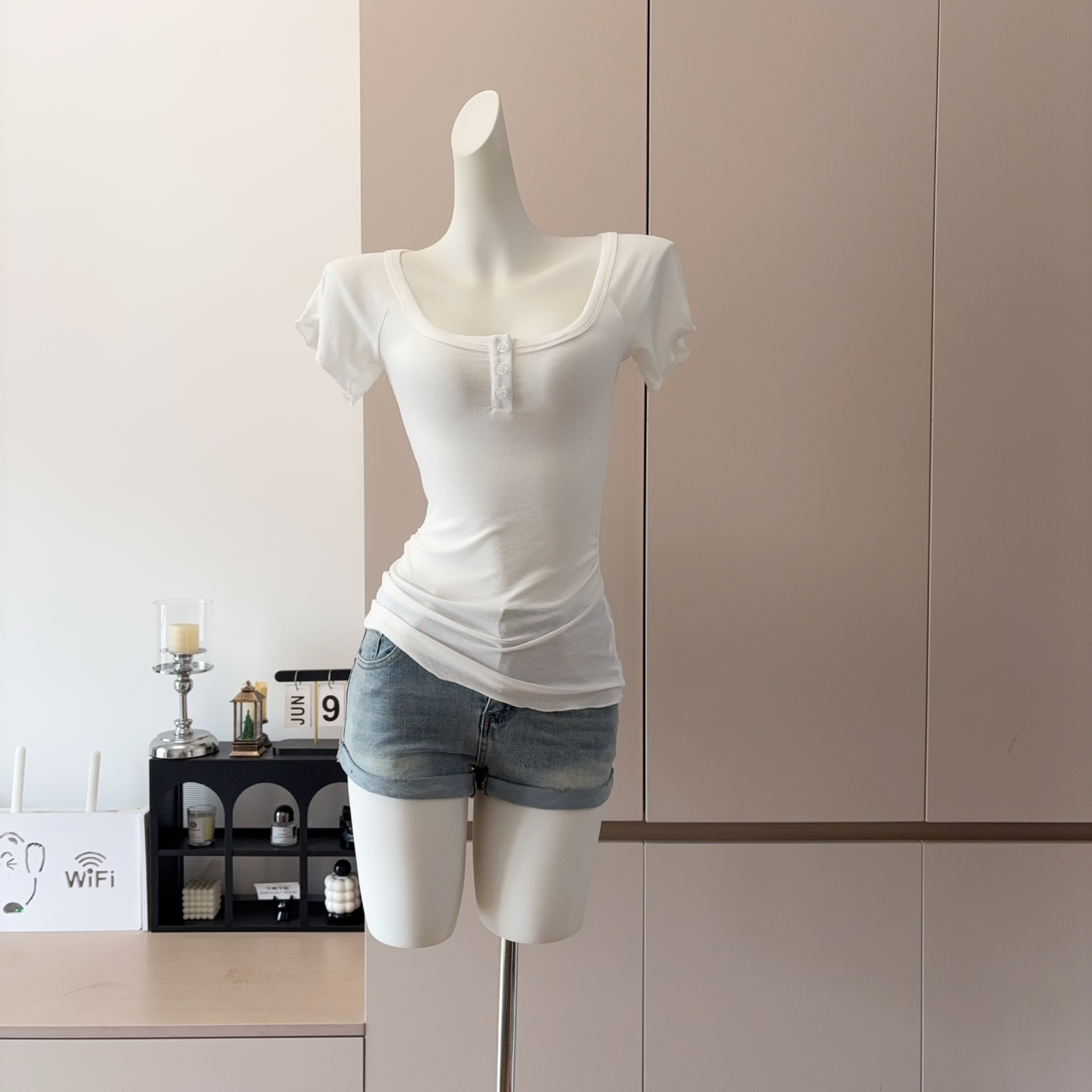 Women's Wool Blend Henley Neck Short Sleeve T-Shirt with Ruffle Trim - Image 3