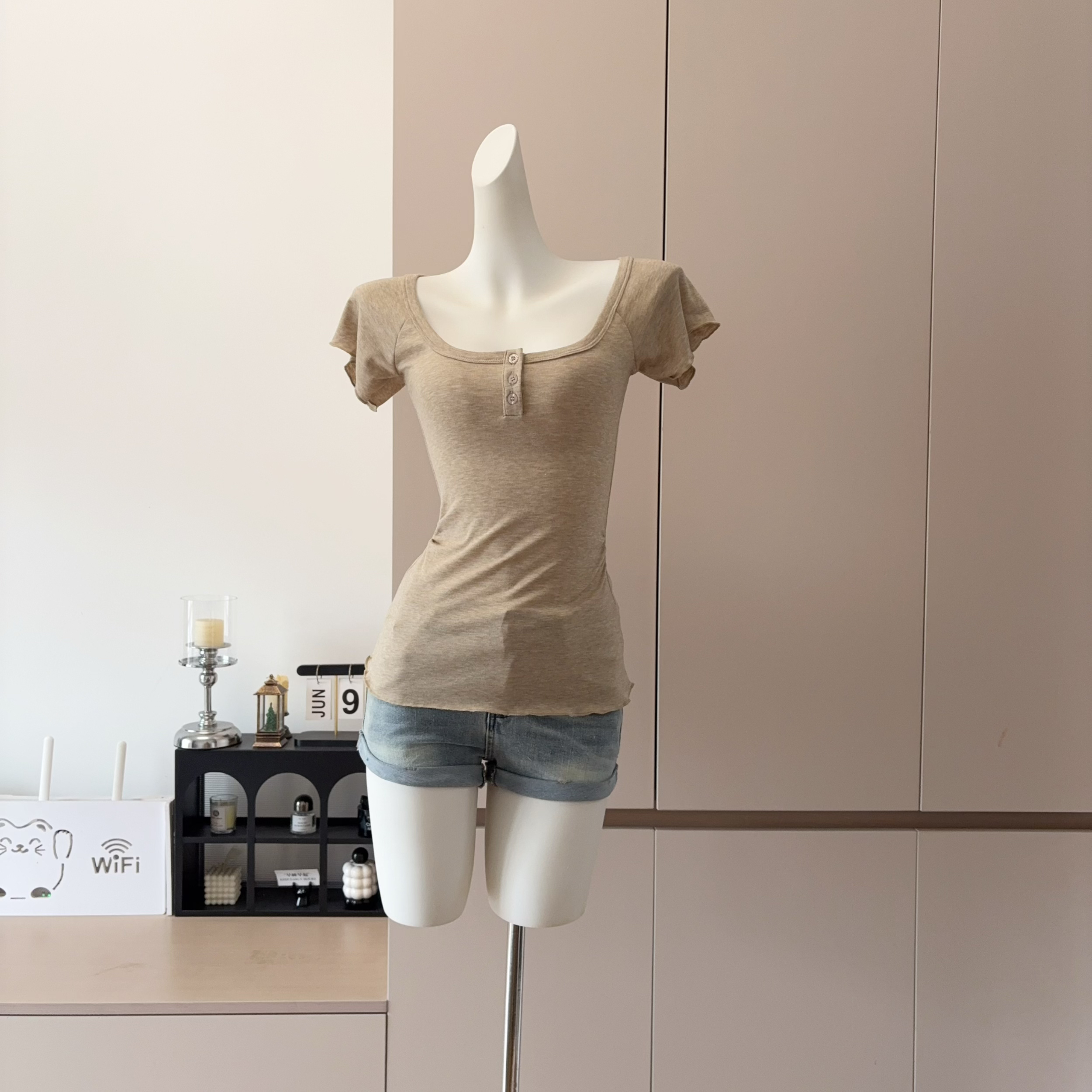 Women's Wool Blend Henley Neck Short Sleeve T-Shirt with Ruffle Trim - Image 4