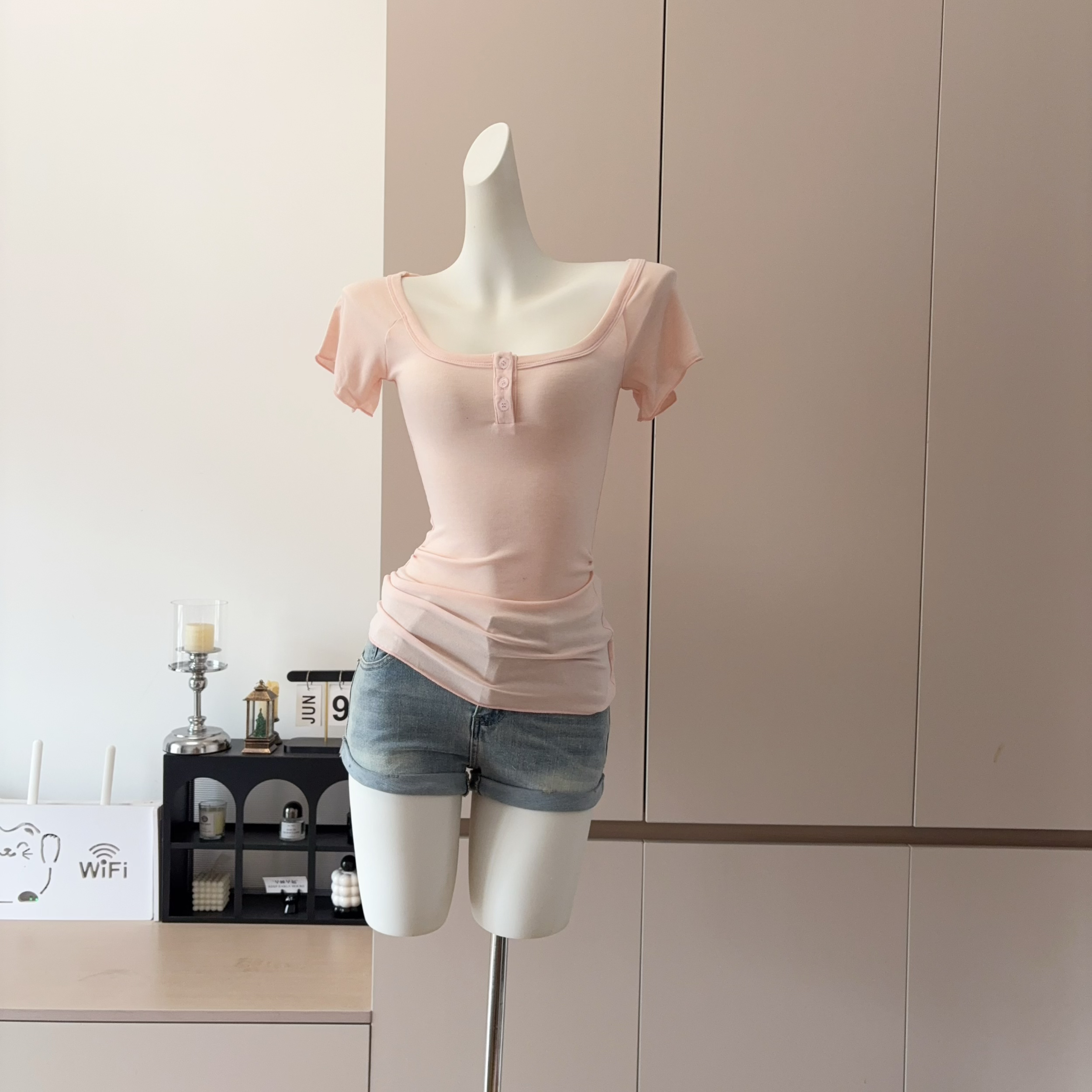 Women's Wool Blend Henley Neck Short Sleeve T-Shirt with Ruffle Trim - Image 5