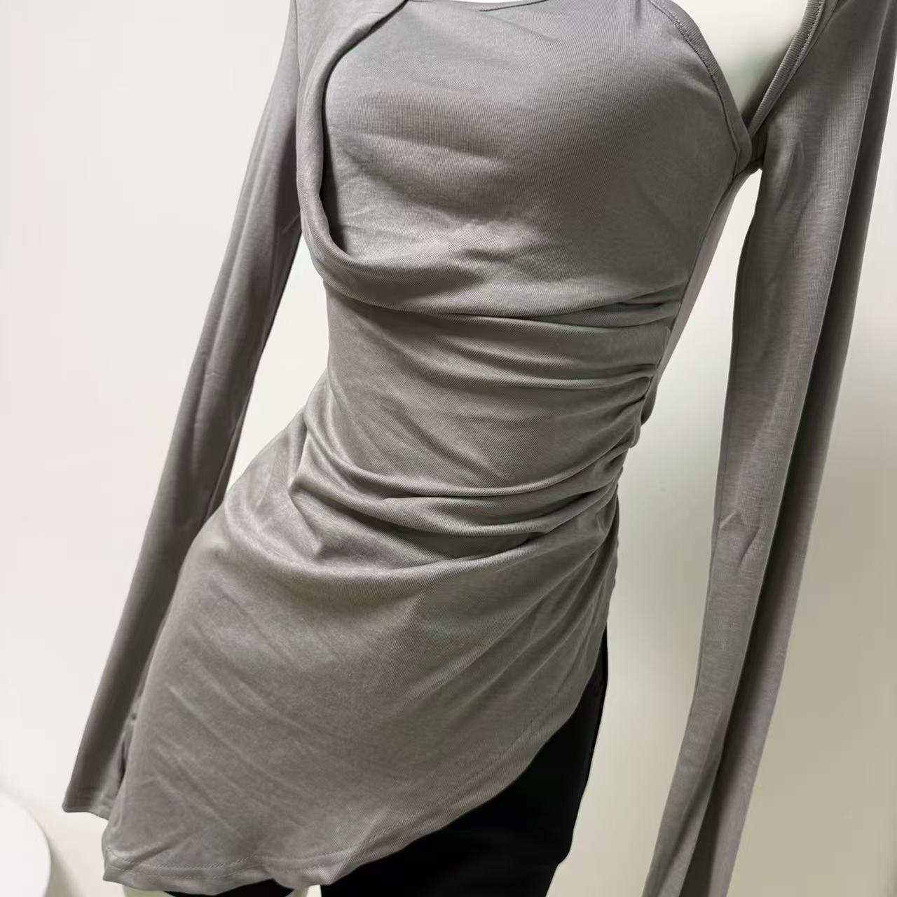 Jang Wonyoung Style Gray Asymmetric Off-Shoulder Long-Sleeve T-Shirt for Women Summer Sun Protection Top - Image 4