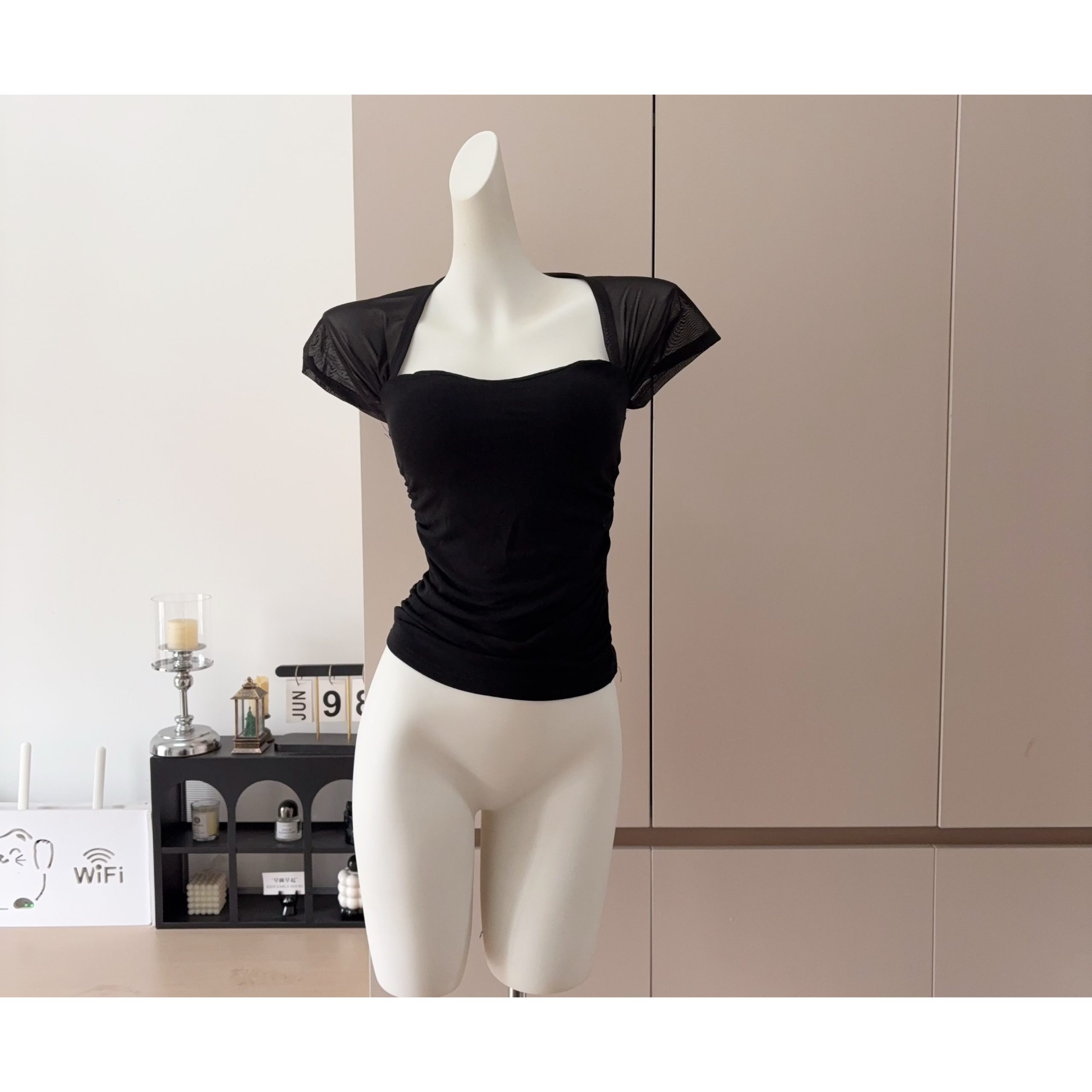 Square Neck Short Sleeve Mesh Top Women 2026 Summer Slim Fit T-Shirt - Image 5