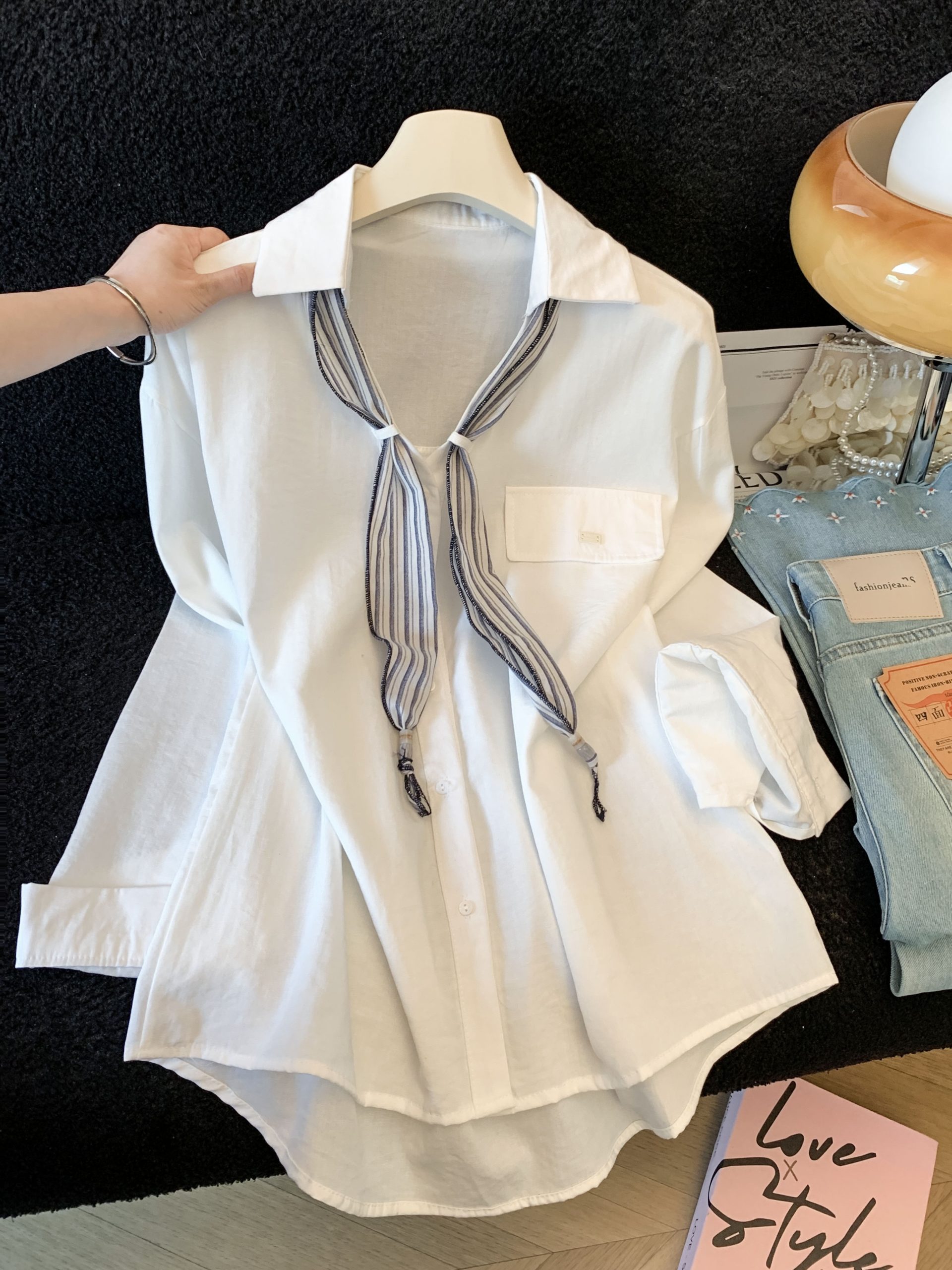 French Retro Silk Scarf Loose V-Neck Shirt Women Chic Long Sleeve Top