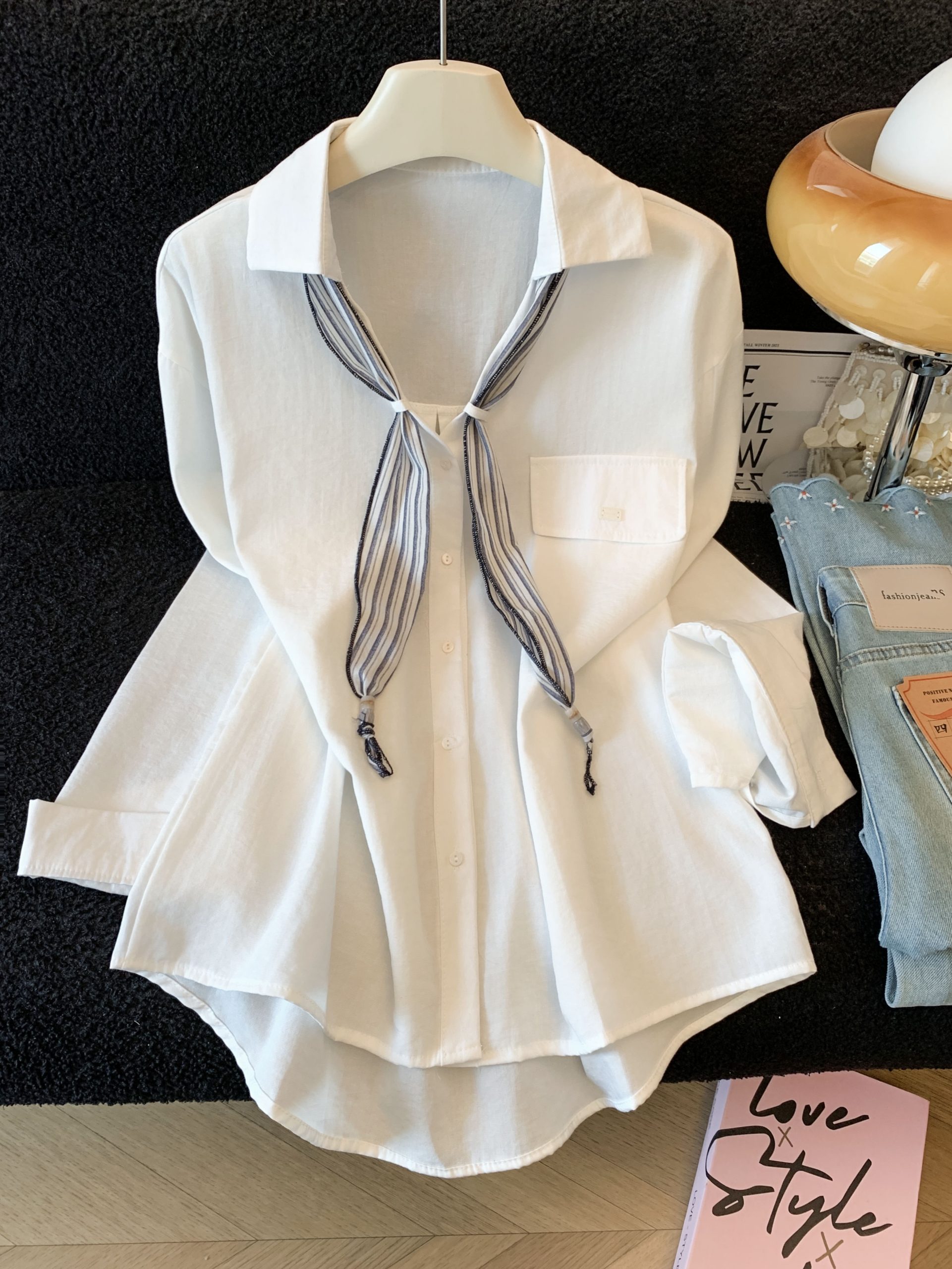 French Retro Silk Scarf Loose V-Neck Shirt Women Chic Long Sleeve Top - Image 2