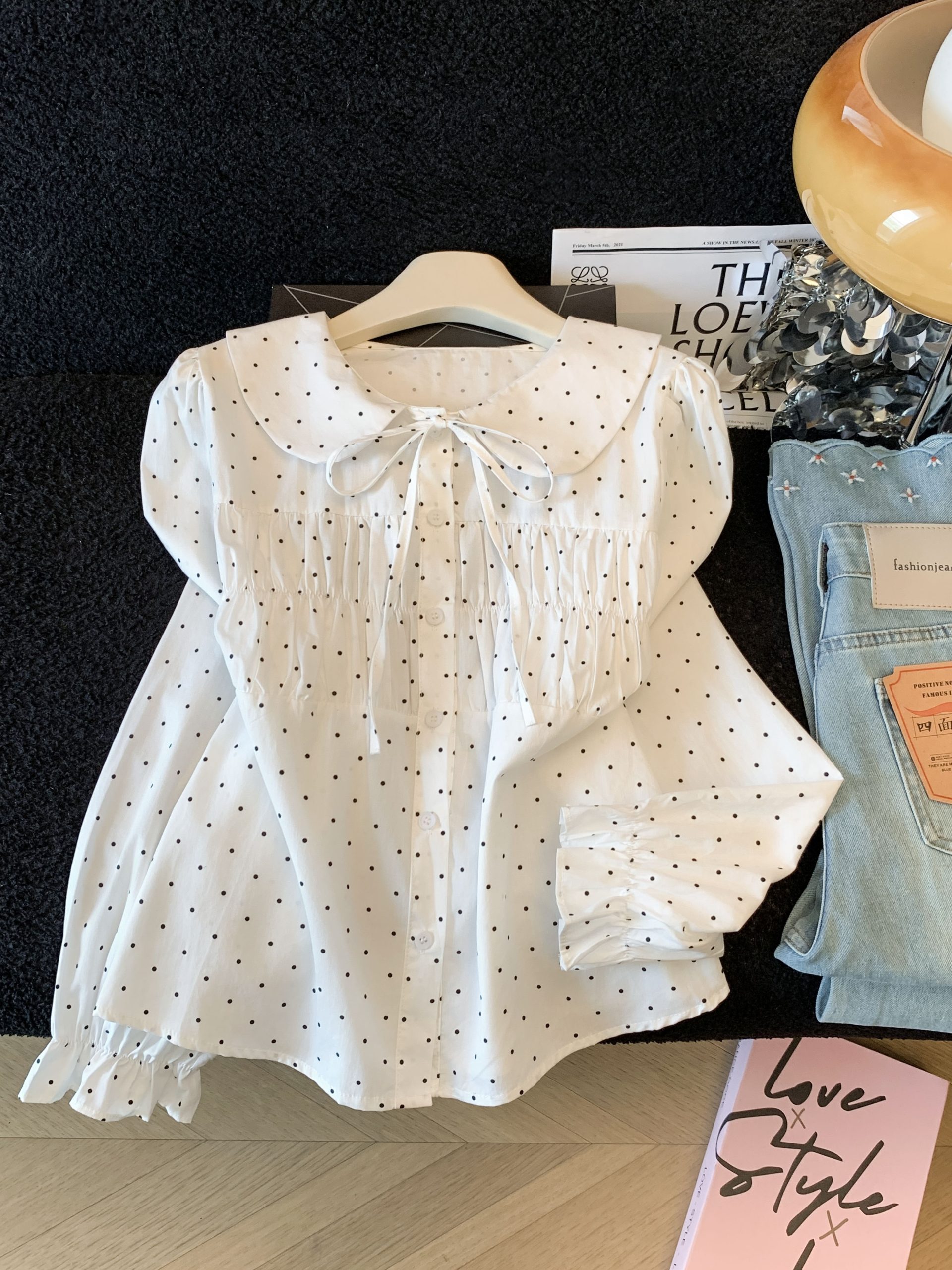 Women's Polka Dot Collared Shirt Long Sleeve White Blouse - Image 2