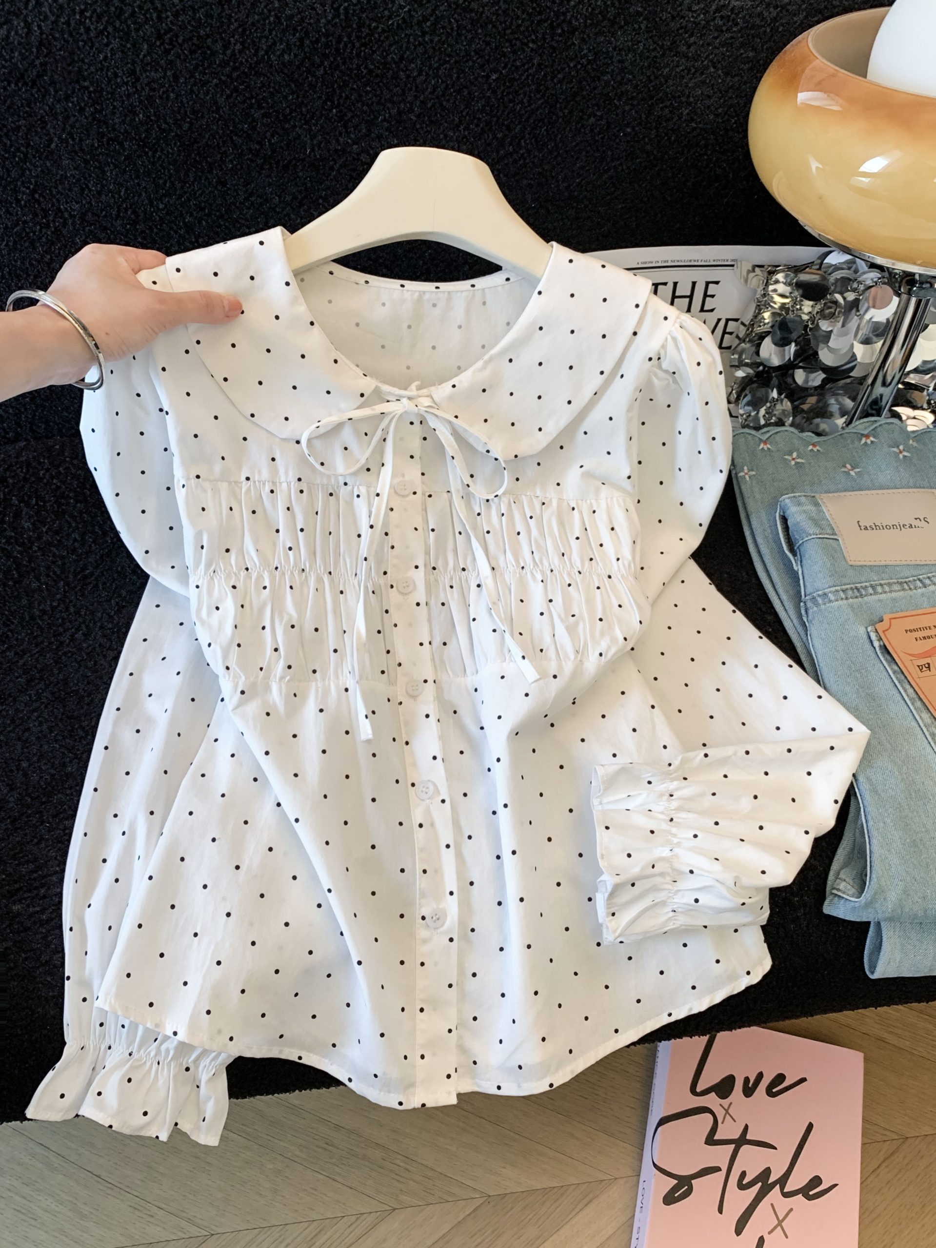 Women's Polka Dot Collared Shirt Long Sleeve White Blouse