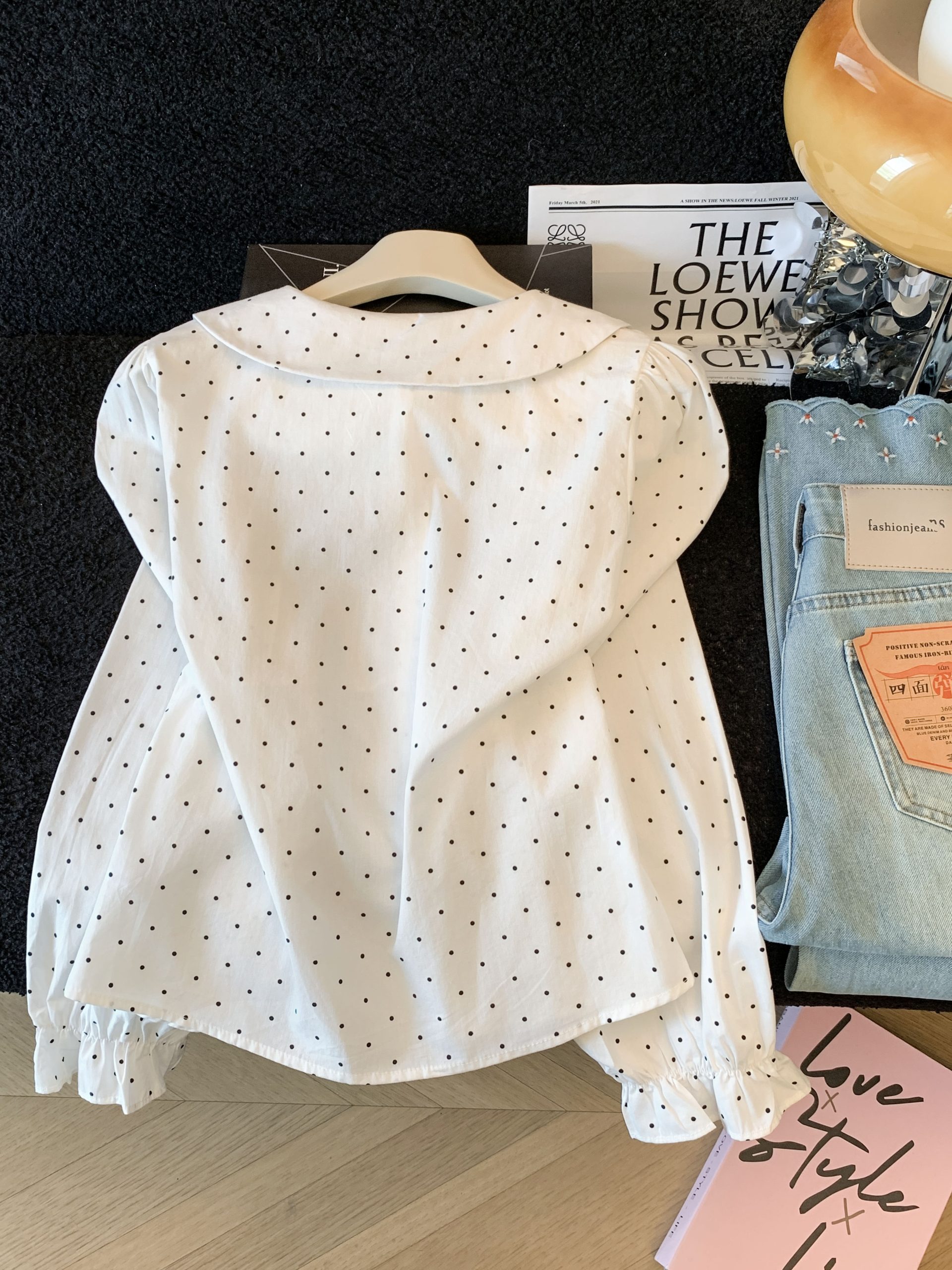 Women's Polka Dot Collared Shirt Long Sleeve White Blouse - Image 3