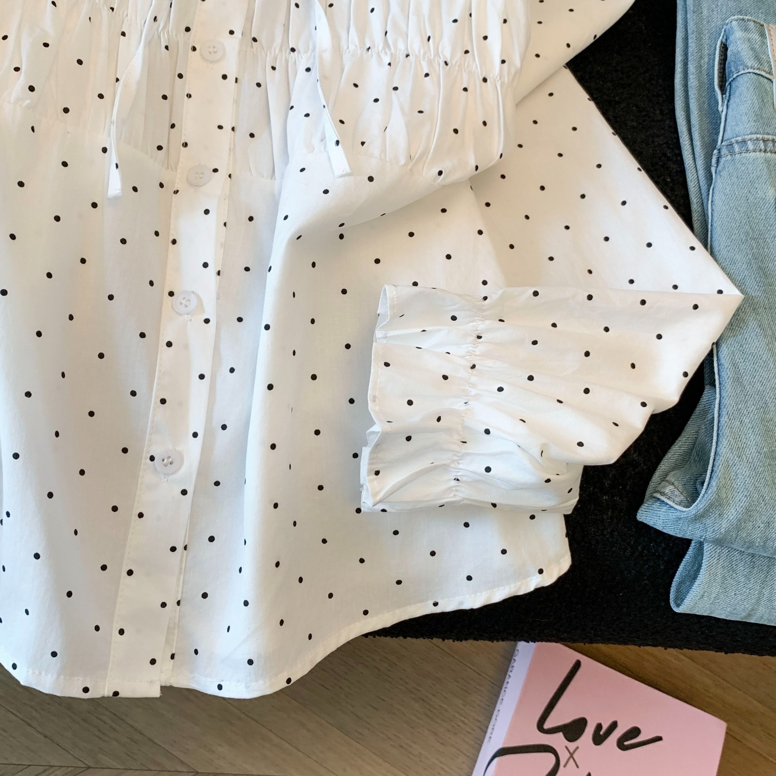 Women's Polka Dot Collared Shirt Long Sleeve White Blouse - Image 5